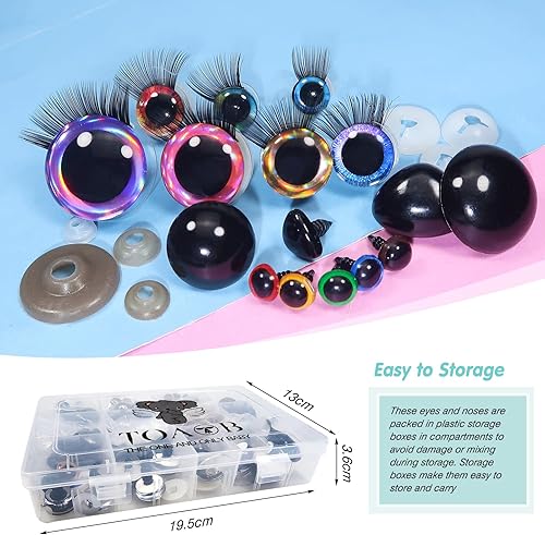 Miniatura 7 de TOAOB - 100 ojos y narices de seguridad con arandelas de 0.39 a 1.18 pulgadas con purpurina, ojos y pestañas de seguridad de plástico colorido para