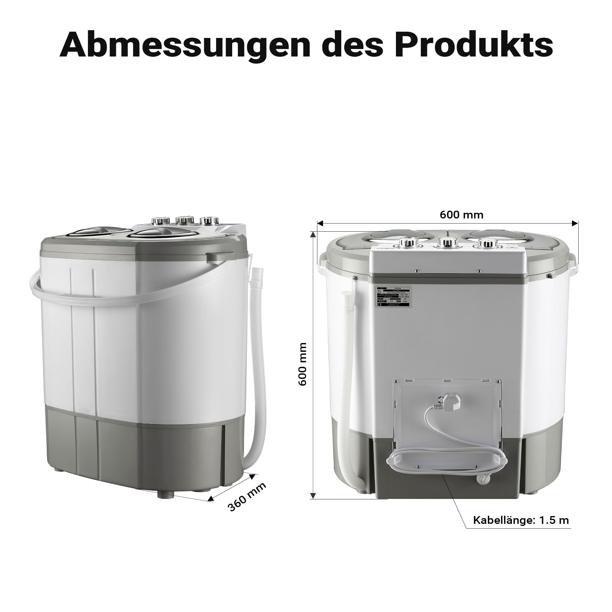 Wiltec Camping Waschmaschine 230 W 60 x 36 x 60 cm Mini Waschmaschine 3,0 kg Wäsche Reisewaschmaschine 2,0 kg Schleuderkapazität
