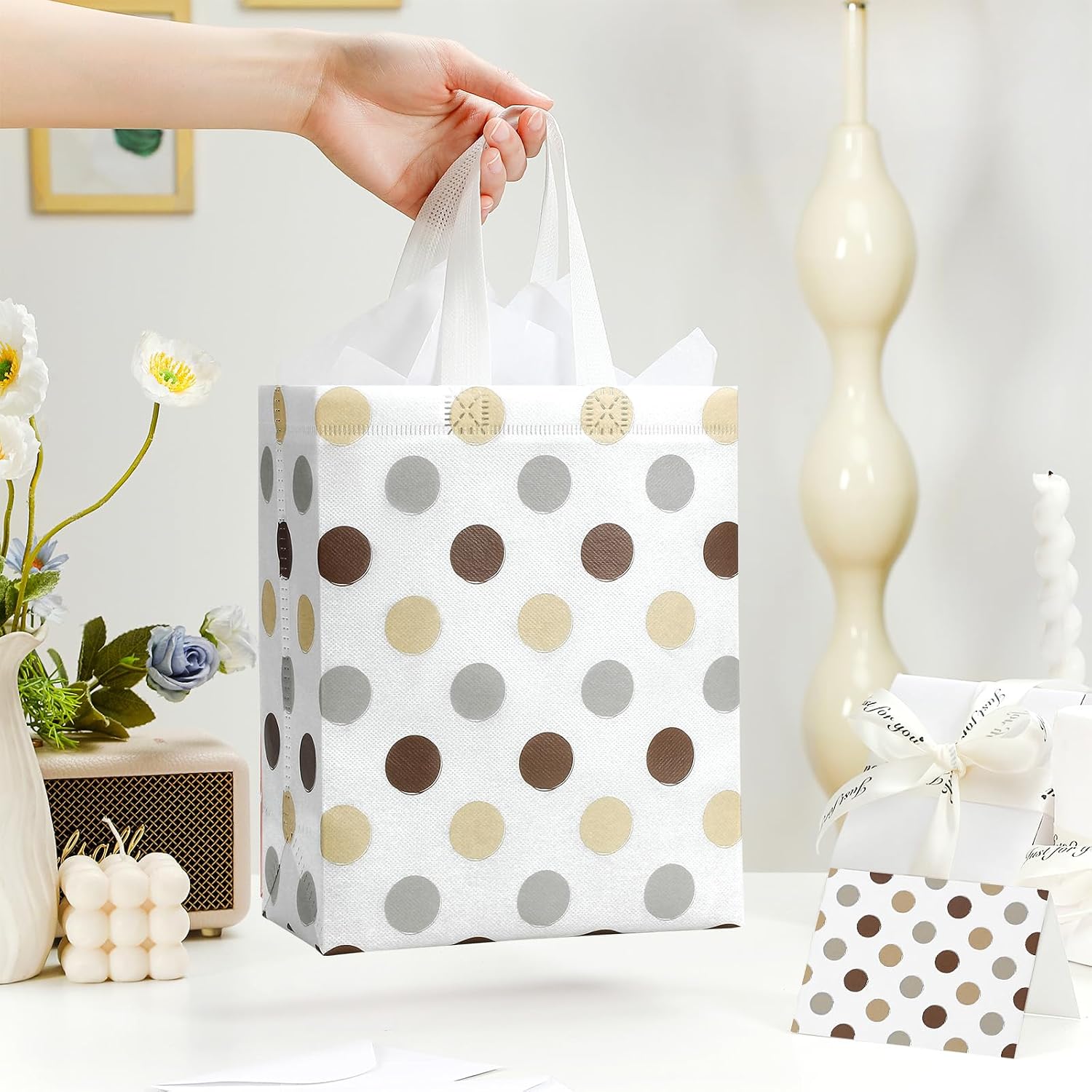 STYPOP 10" Gift Bags Medium Size (4 Pack) - Includes Tissue Paper & Cards, Reusable Non-Woven Gift Bags with handles, Perfect for Mothers Day, Birthday, Wedding, Baby Shower, Party, 10" x 8" x 4"