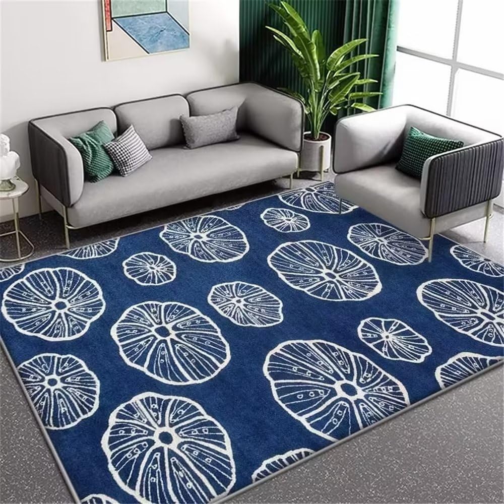 Grand tapis de salon bleu motif feuille abstrait décoration chambre 100x200
