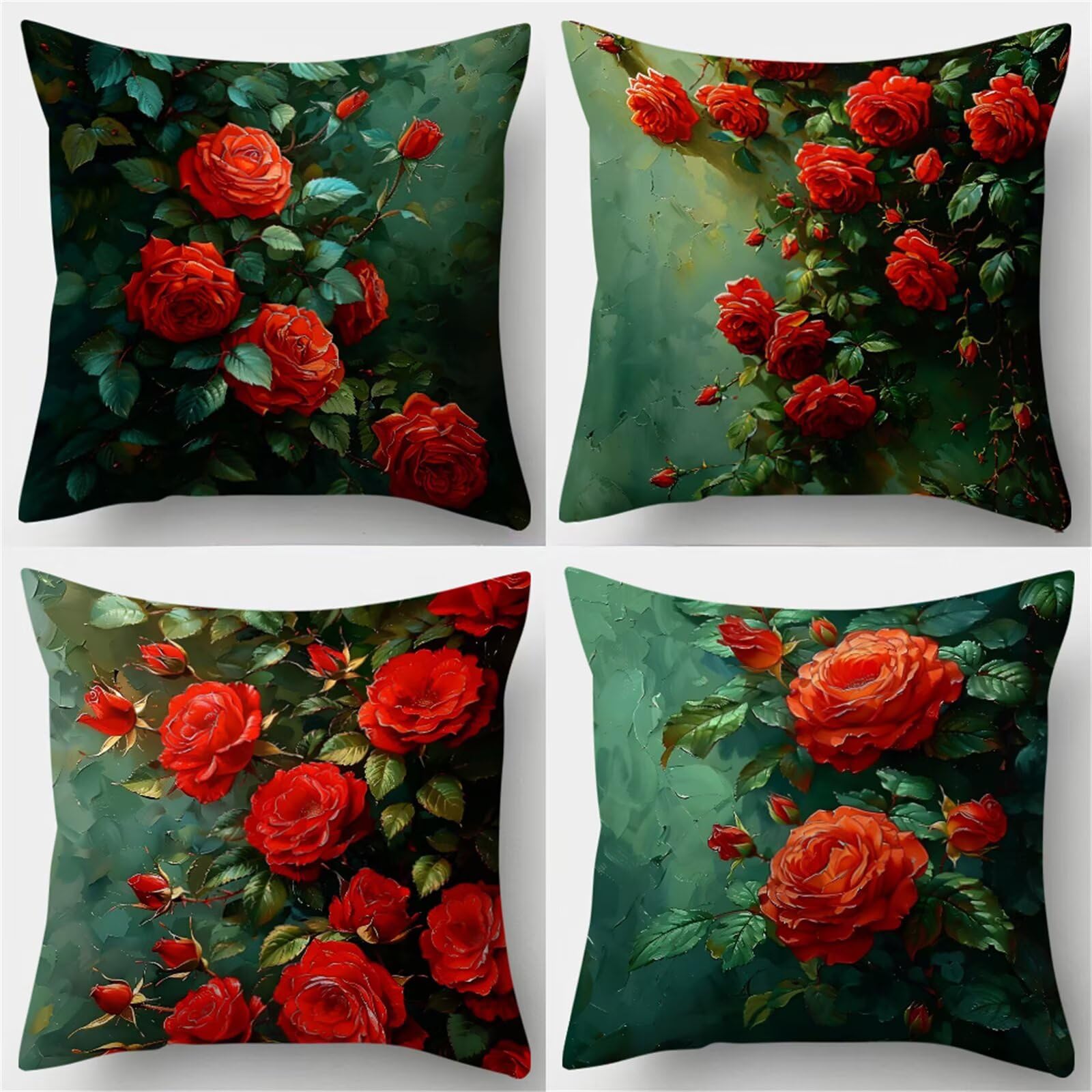 Fundas de Cojines 50x50 cm, Juego de 4 Fundas para Cojines Decorativas de Lino, Rosas Rojas, Fundas de Almohada para Sofá, Silla y Decoración de Interiores