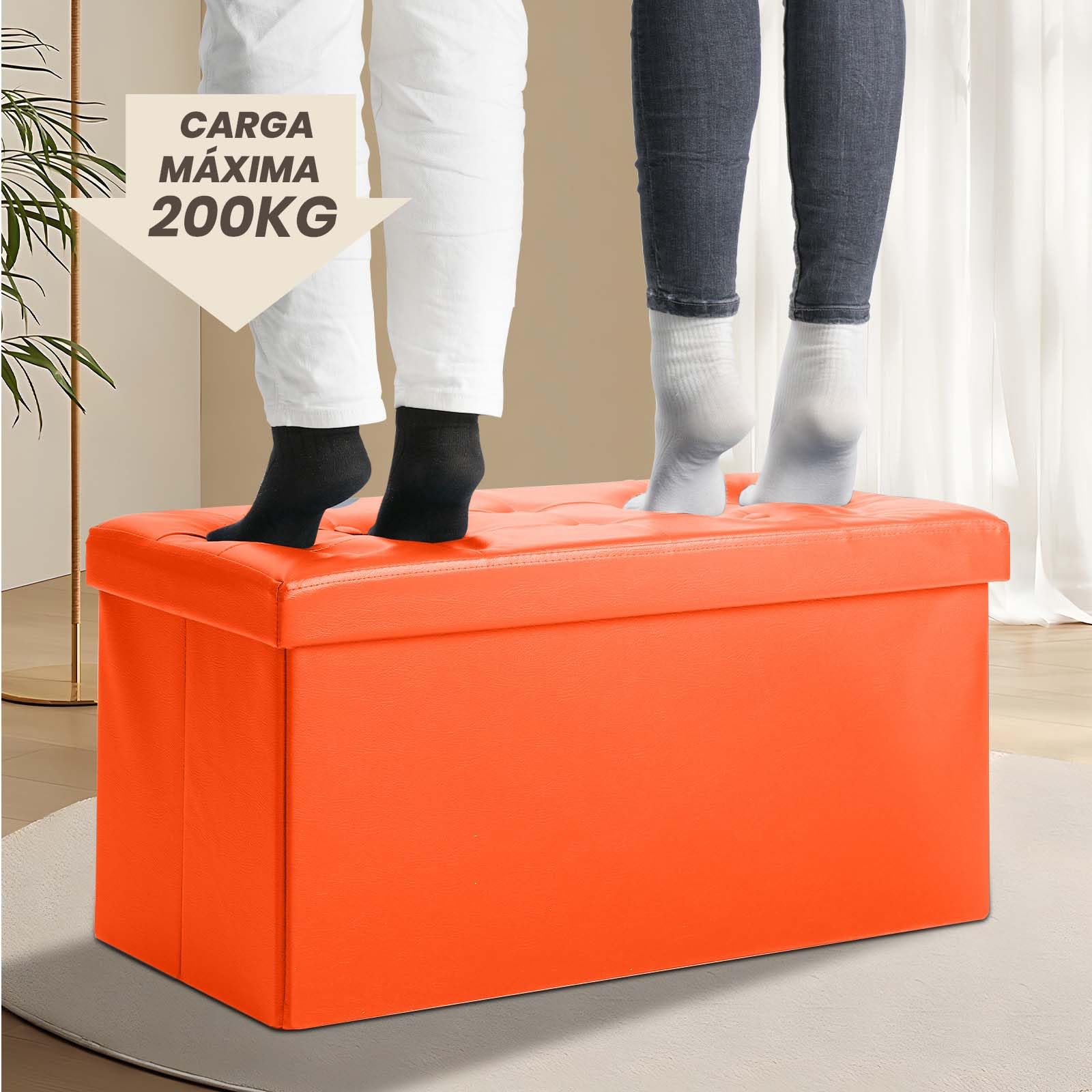 COSYLAND Puff Almacenaje 80L, Banco Almacenaje, Capacidad de Carga 200 kg, Baúl para Dormitorio, Salón, Entrada, Organizador Multifuncional, Plegable, 76x38x38cm, Naranja Oscuro