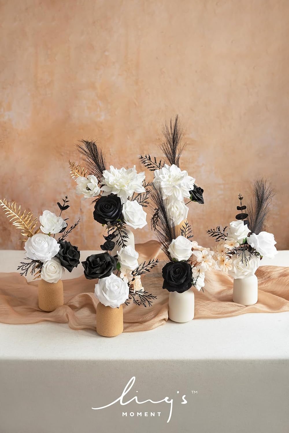 Ling's moment Fake Flowers Box, Faux Artificial Greenery Stems Foam Roses Silk Dahlia Hydrangea Eucalyptus Fabic Flower for Centerpieces Bouquet Wedding Vase, White & Black & Golden, Deluxe Combo