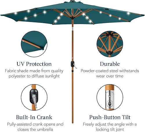 Vista 226 de Best Choice Products - Sombrilla solar de 7.5 pies para exteriores, patio, mesa, mercado, terraza, piscina con inclinación, manivela, luces LED