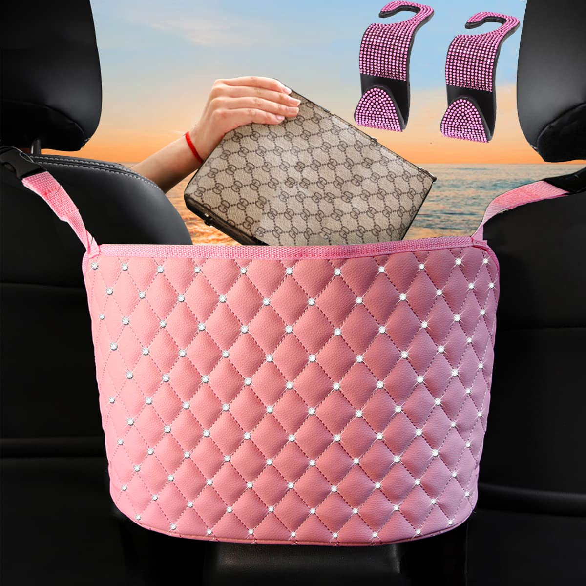 MDXMY 3 Pack Car Purse Handbag Holder Between Seats with Two Headrest Hooks Diamond Auto Seat Back Organizer Large Capacity Storage Bag(Pink, 3 PCS)