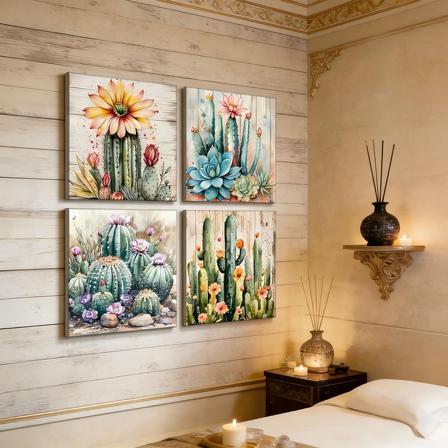 4pcs Cactus Canvas Wall Art Green Succulent Painting Picture Wall Decor Mexican Plants Tropical Flower Poster Print Artwork for Bedroom Living Room Bathroom Kitchen Dorm Office Home Decoration