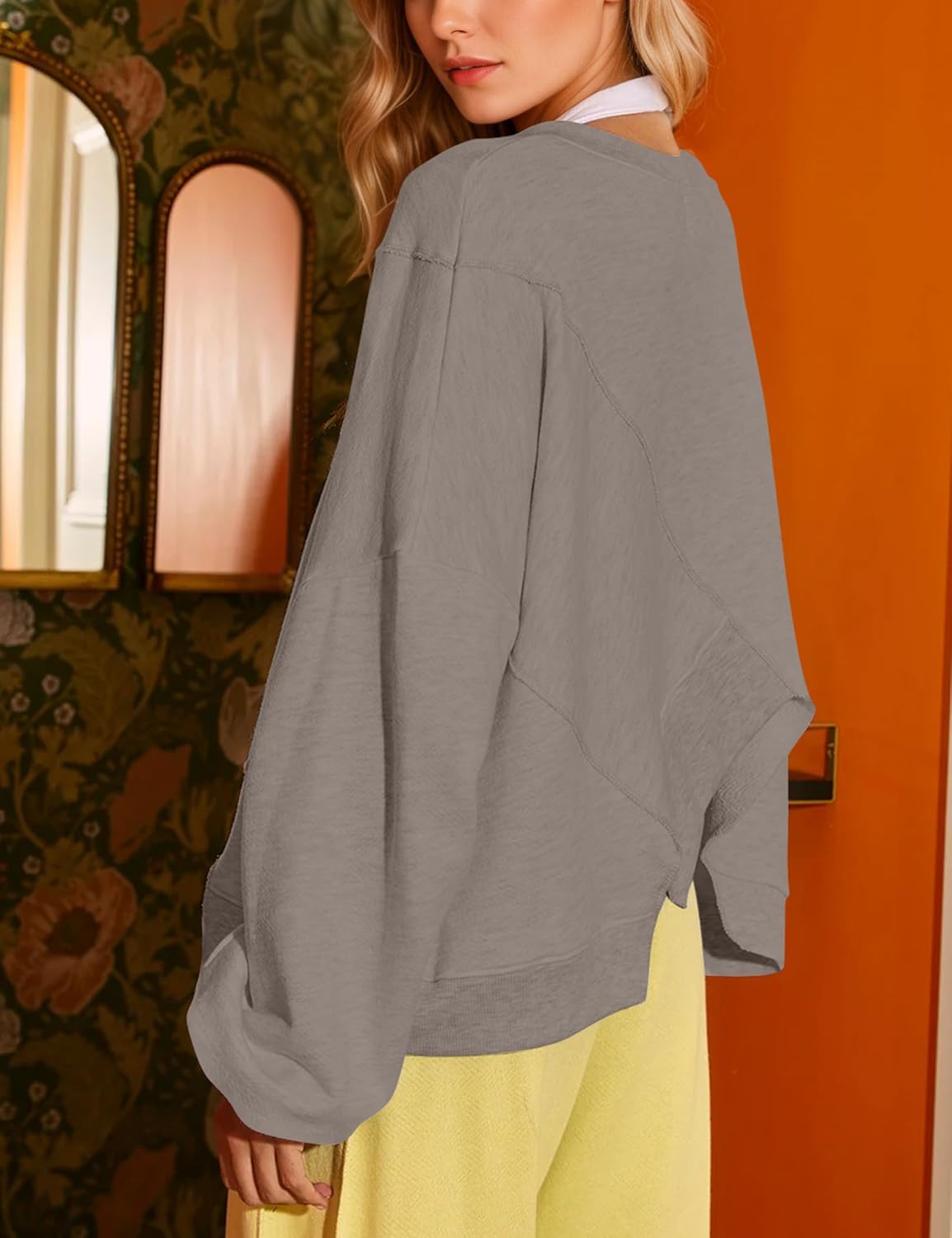 MISSACTIVER Women’s Crew Neck Cropped Sweatshirt Oversized Long Sleeve Ribbed Pullover Top Asymmetrical Hem Fall Outfit - Image 3