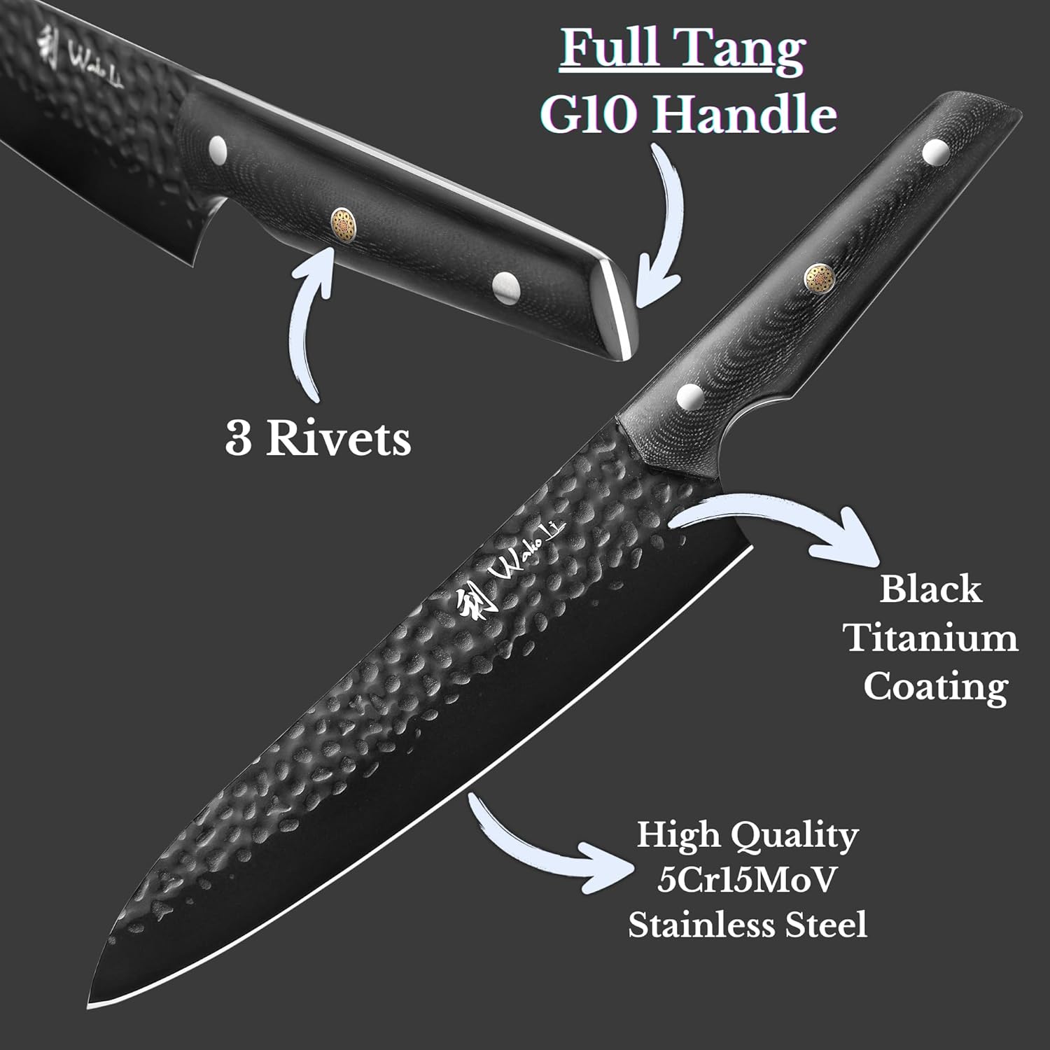 Wakoli Yugen Chef Knife – 7.9-Inch Professional Kitchen Knife | 5Cr15MoV Stainless Steel Blade with Black Titanium Coating | Ergonomic G10 Handle | Chef’s Knife in Gift Box