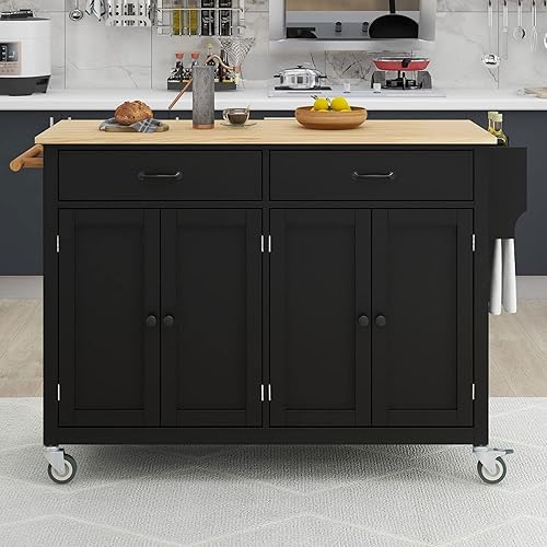 Miniatura 2 de P PURLOVE Carrito de madera para isla de cocina con ruedas de bloqueo, carrito utilitario rodante con 2 cajones y 4 puertas de gabinete, estante de