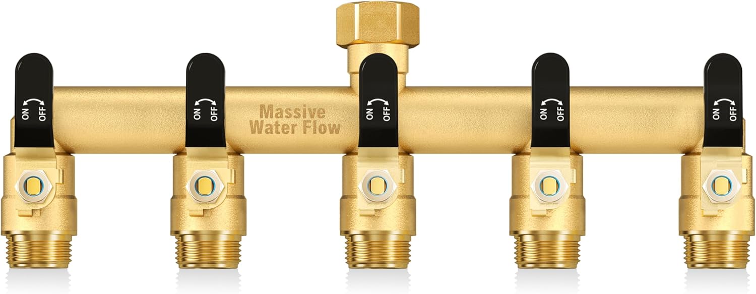 5 Way Hose Splitter, Heavy Duty Full Flow Garden Water Hose Bib Spigot Splitter, Brass Rust and Freeze Resistant Outdoor Faucet Splitter, T Adapter Connector with 3/4 - Inch GHT Thread （Black）