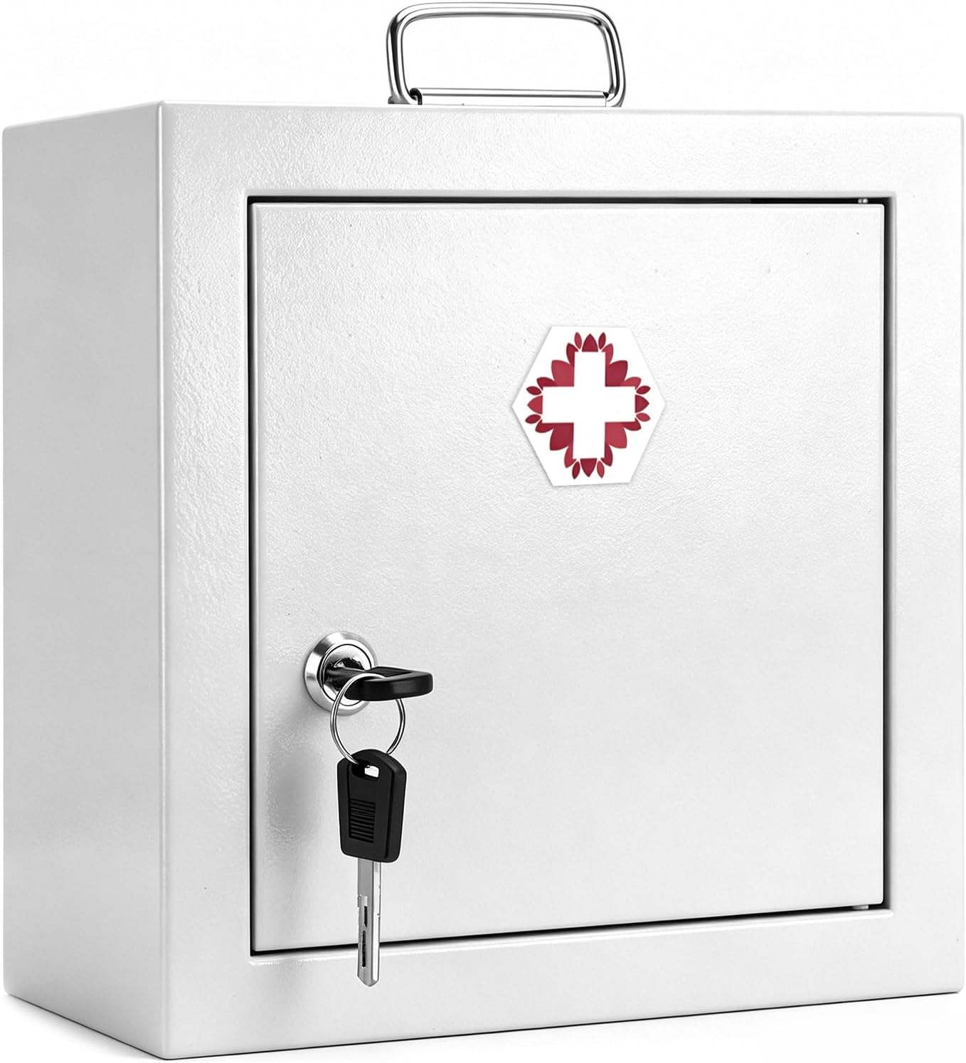 Lockable Wall-Mounted Medicine Cabinet with Key, Metal Medicine Organizer for Bathroom,Featuring Interior Shelf & Door Storage,Portable First Aid Cabinet with Top Handle,Weekly Pill Organizer Included