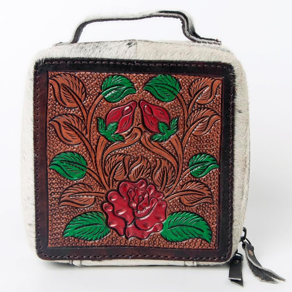 American Darling Jewelry case for Women - Hair-On Cowhide, Hand Tooled Floral Carved Genuine Leather Travel Organizer