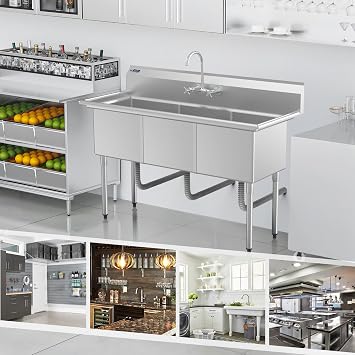 ROVSUN NSF Commercial 3 Bowl Kitchen Sink, 304 Stainless Steel, Free Standing Utility Sink for Kitchen, Laundry Room, Garage, Restaurant