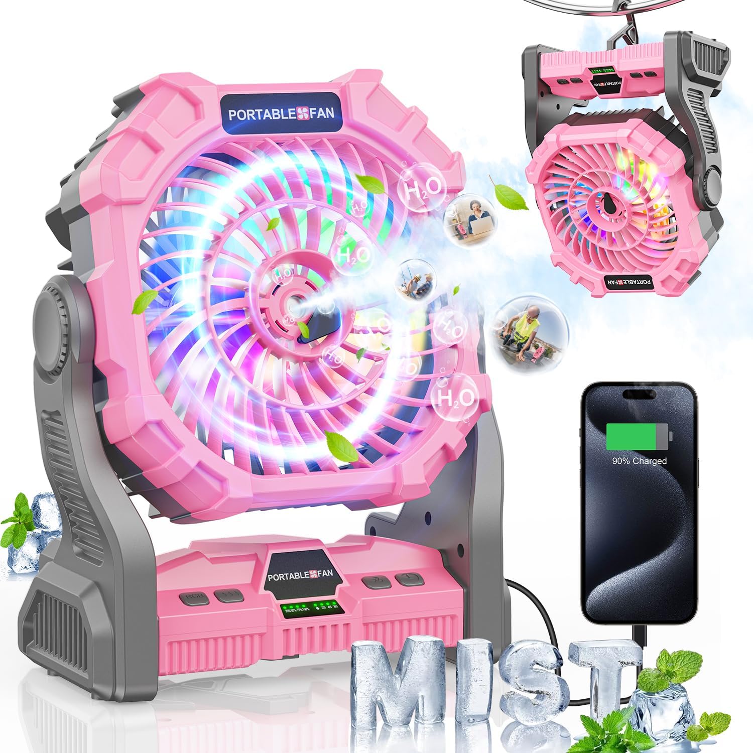 Portable Misting Fan with 12000mAh Rechargeable Battery, RGB Light, Timer & Hook, Perfect for Camping, Fishing, Beach, Travel & Hurricanes (Pink)