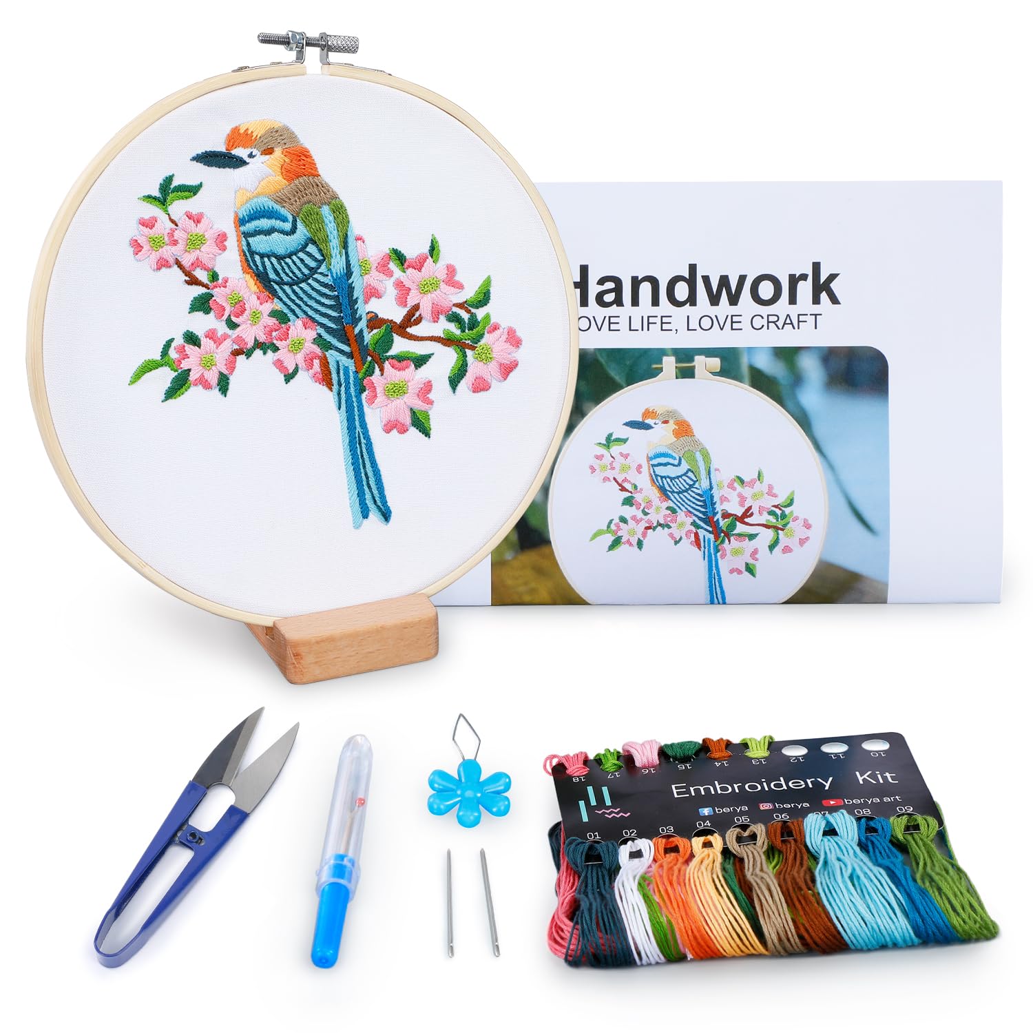 Hummingbird and Flower Embroidery Kit for Adults, DIY Embroidery Kits with Original Design Patterns, Learn to Embroider Kit Beginner with Needles and Thread, Clear Instructions and Video (BEB001)