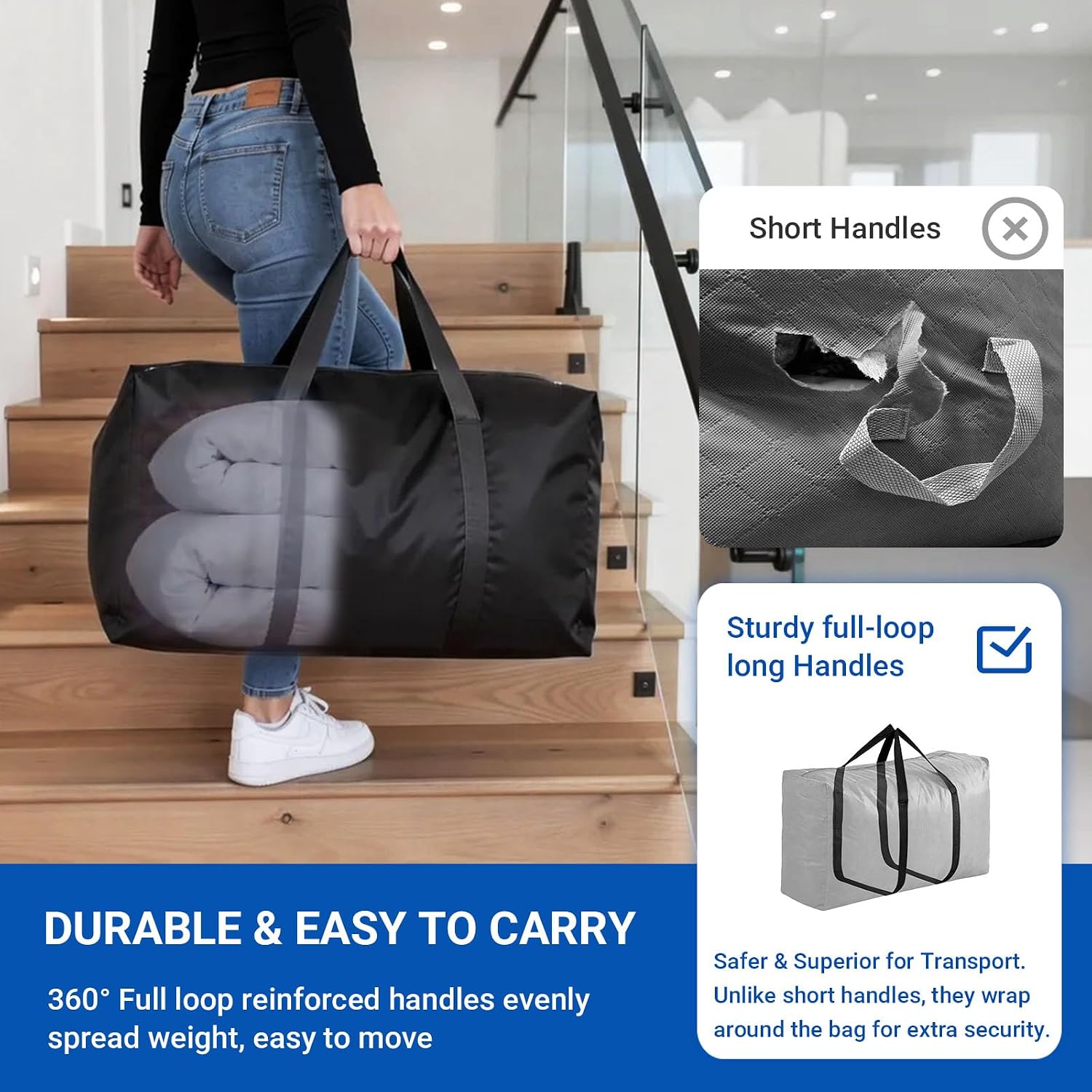 Extra Large Moving Bag, 1 Pack Oversized Storage Bag with Strong Zipper, Wrap Around Handles, Moving Storage Tote for King/Queen Comforter, Blankets & Clothes