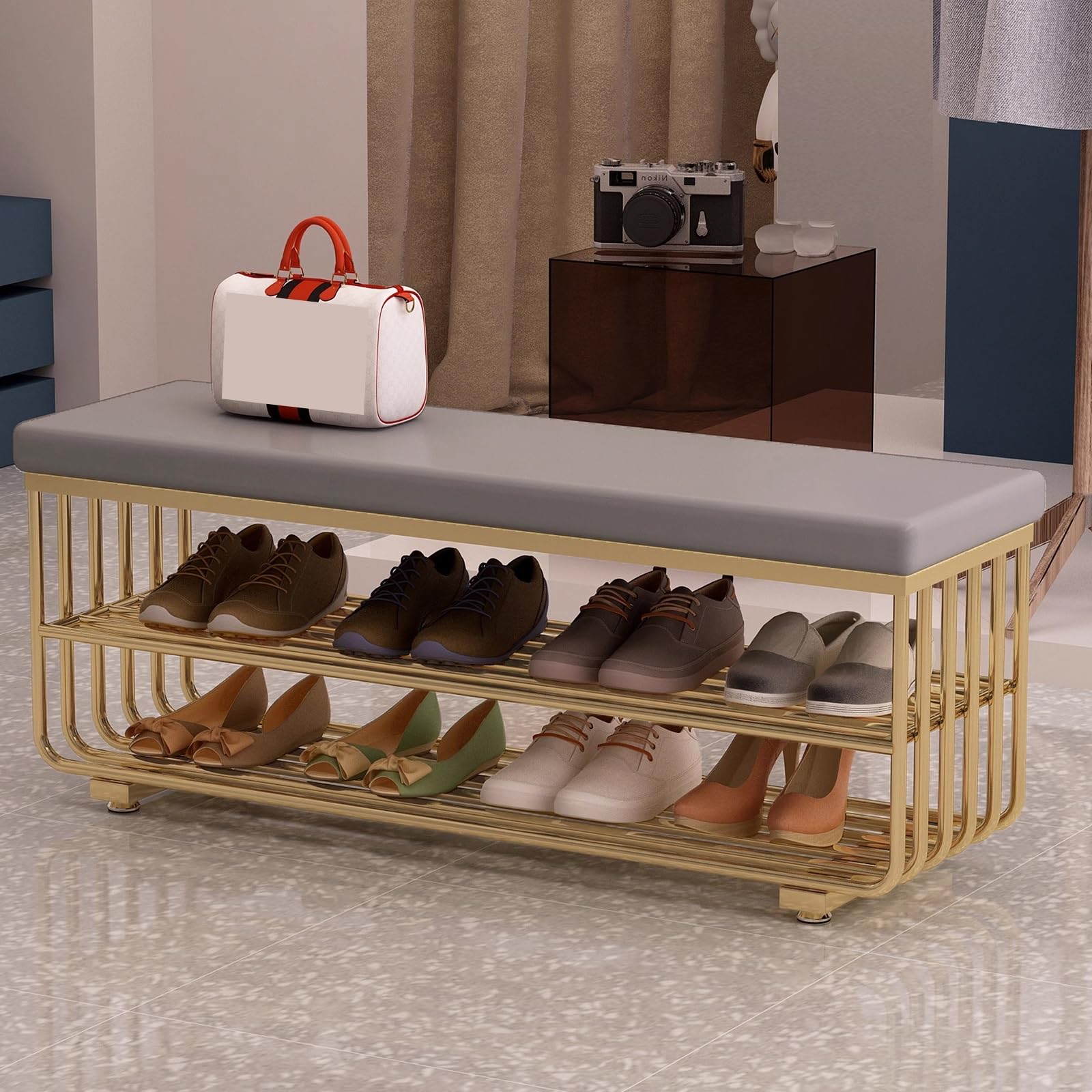 Étagère à chaussures à 2 niveaux en fer avec banc rembourré gris et structure or de 80 cm