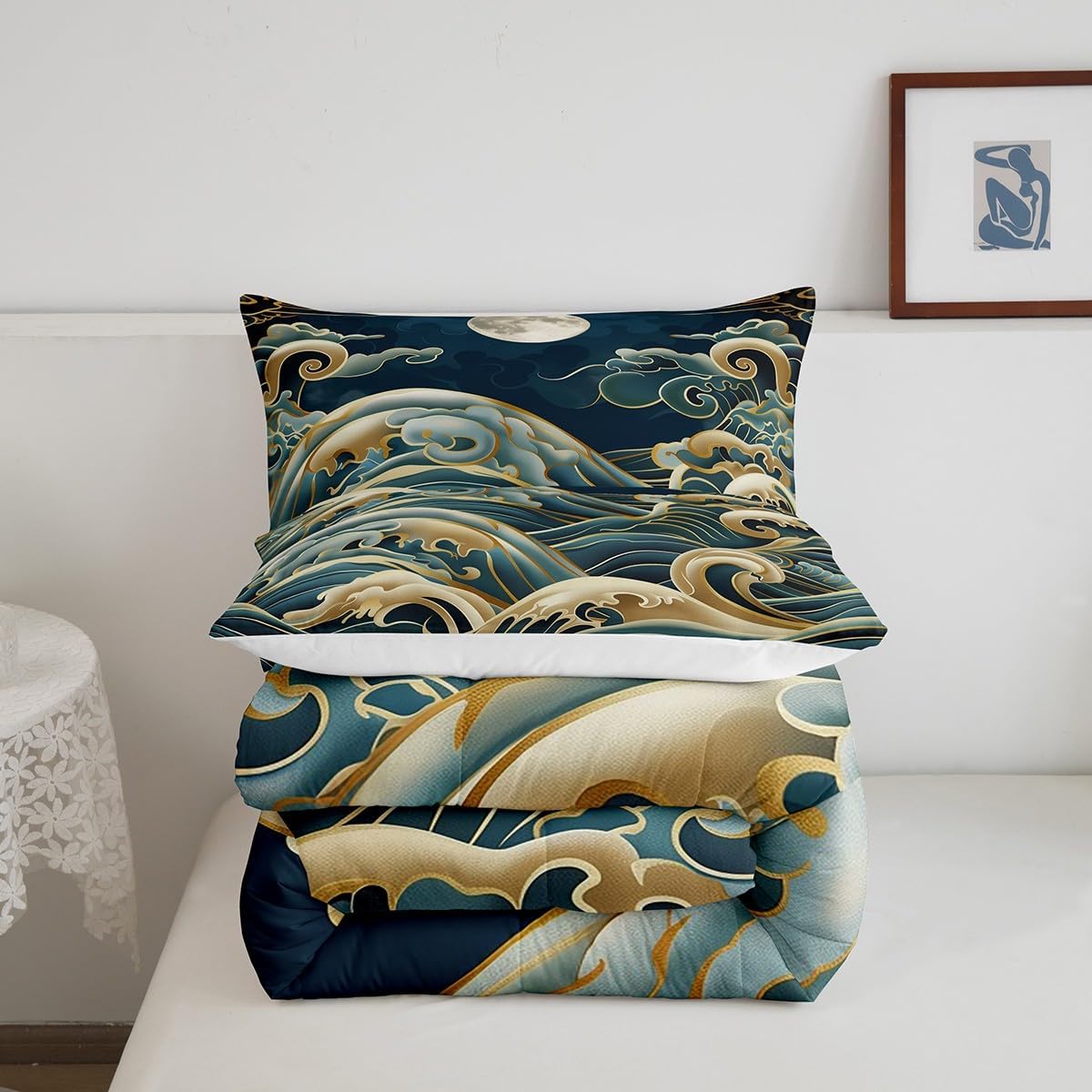 Japanese Sea Wave Kids Comforter Sets Queen Size,Japan Ukiyoe Art Bedding Comforter Sets,Japanese Tradition Aesthetic Quilt Sets for Girls Women,Retro Ocean Wave Duvet Insert with 2 Pillowcases