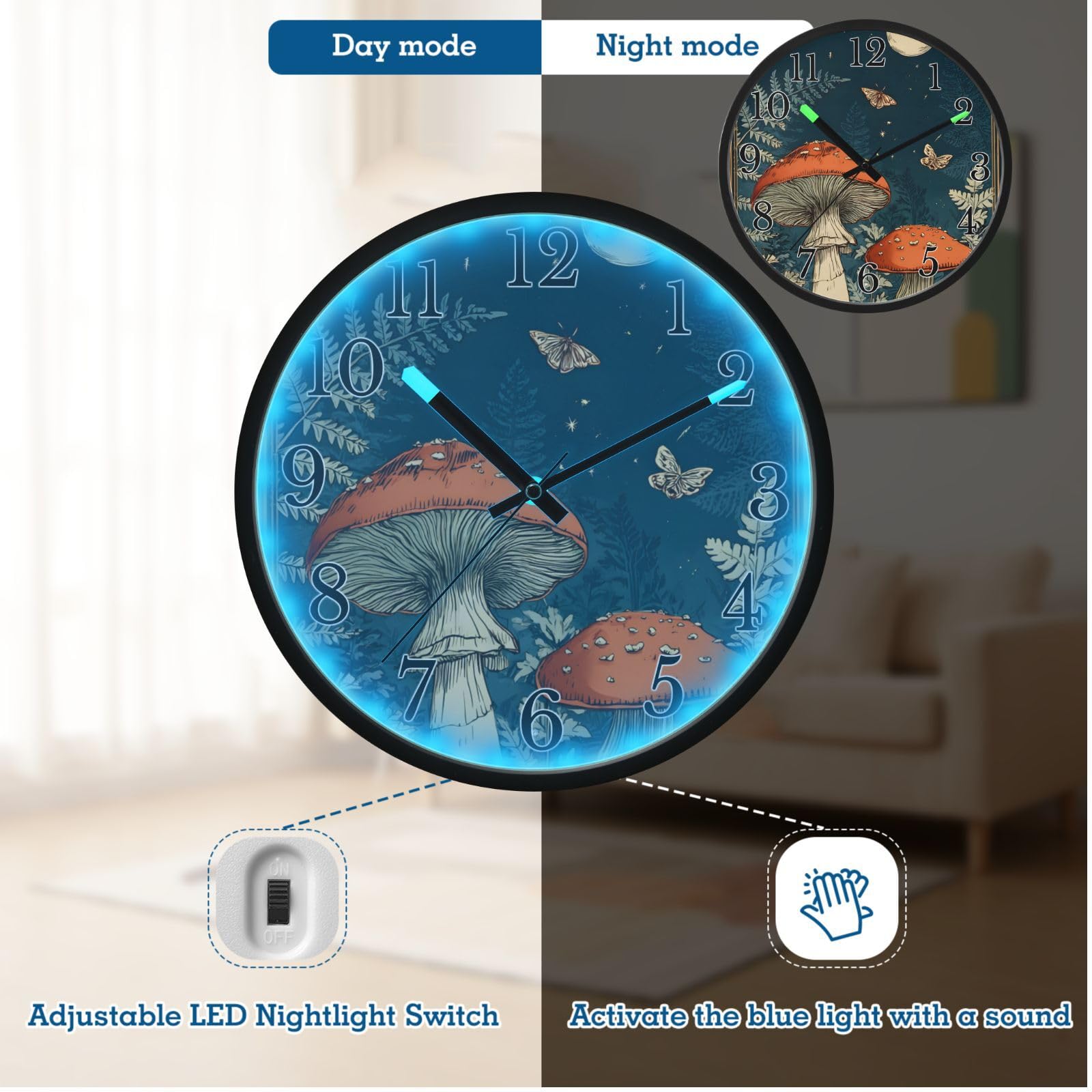 Mnsruu Reloj de pared luminoso con diseño de hongo y luna, funciona con pilas, silencioso, brilla en la oscuridad, para sala de estar, cocina, 30,5 cm
