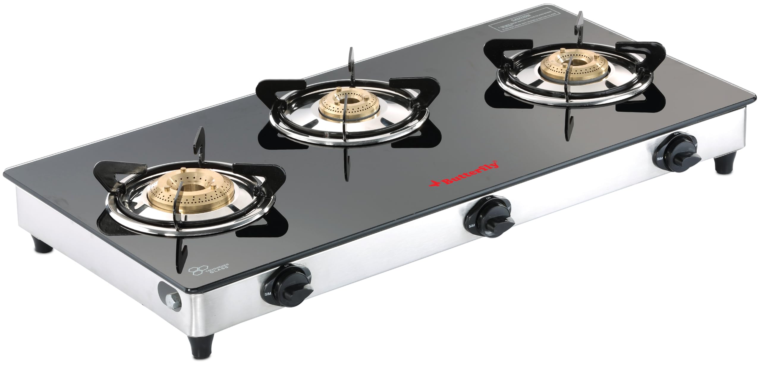 butterfly radiant jumbo 3 burner glass top gas stove | tri-pin brass burners | 6mm toughened glass | detachable spill tray | enamel pan supports | rust free ss frame| 2 year warranty