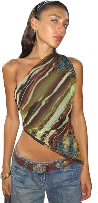 Women's Sexy Asymmetric One Shoulder Crop Top Sleeveless Abstract Print Tank Tops Slim Y2k Tees Camisole