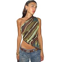 Womens Sexy Asymmetric One Shoulder Crop Top Sleeveless Abstract Print Tank Tops Slim Y2k Tees Camisole