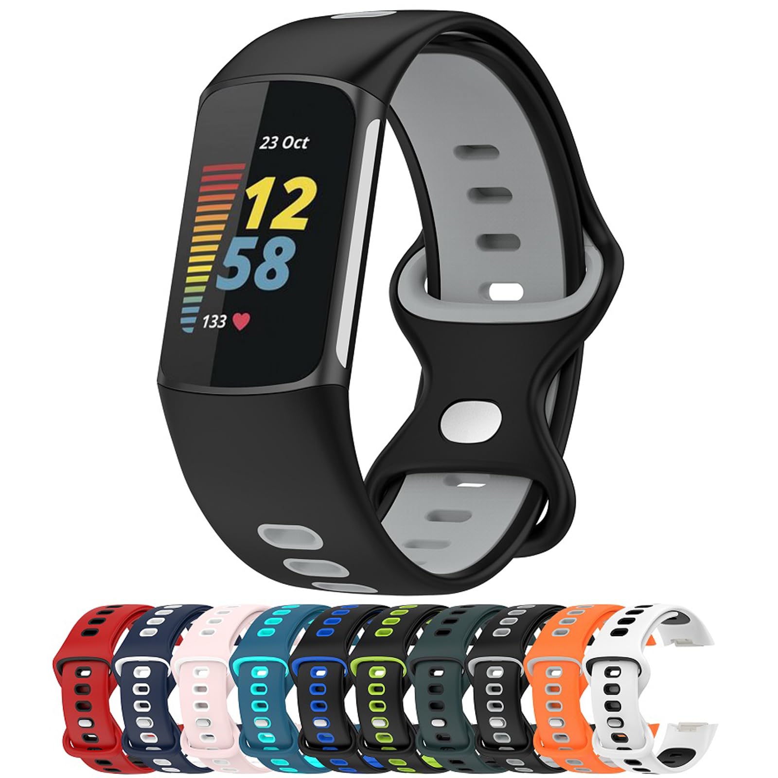 LOKEKE Compatible with Fitbit Charge 6 Replacement Band - Replacement Silicone Wrist Watch Band Strap Compatible with Fitbit Charge 6/5(Silicone Black + Grey)
