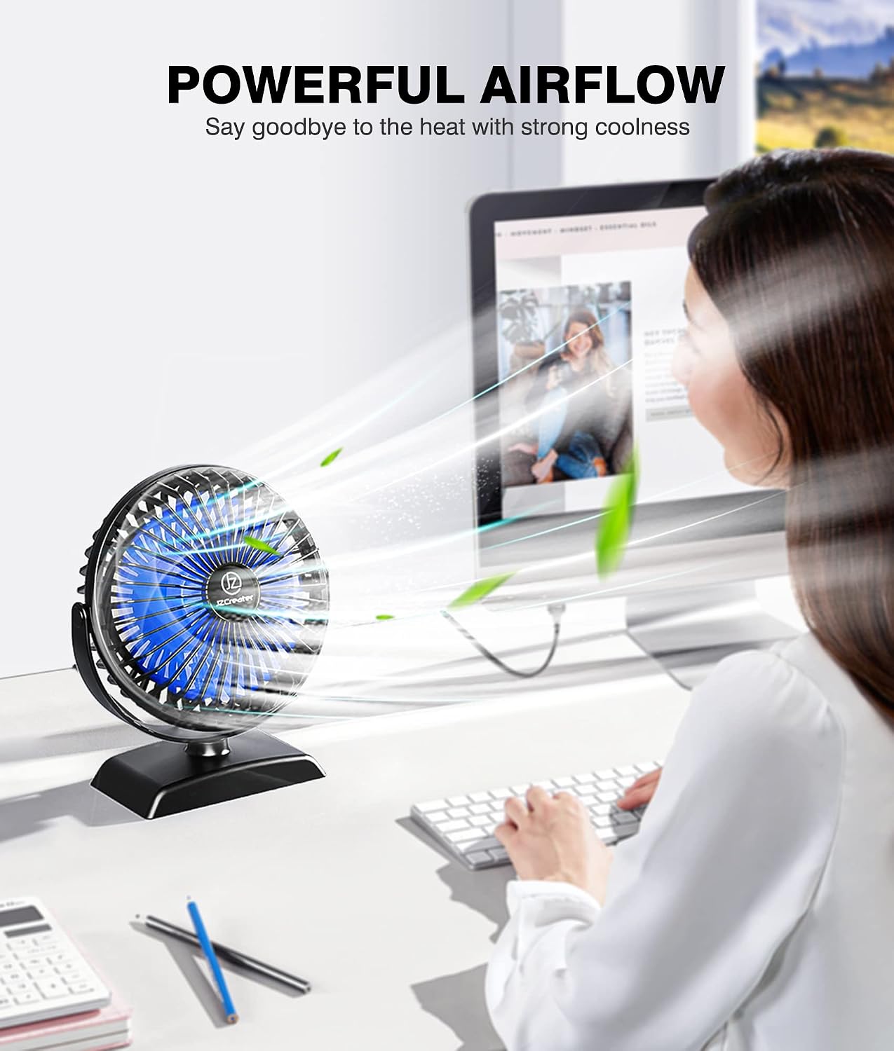 JZCreater USB Desk Fan, 360 Rotation Personal Cooling Fan with 3 Speeds, Quiet, Small, USB Powered for Home, Office, Bedroom, Car, Travel, Black