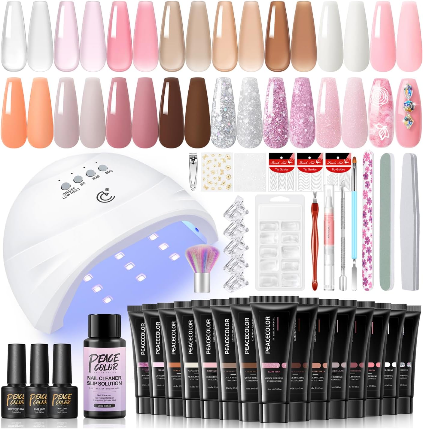 PEACECOLOR Poly Gel Nails Set with UV Lamp, 15 Colors Nail Extension Gel Set Nails Starter Nails Starter Kit Poly Nail Extension Kit