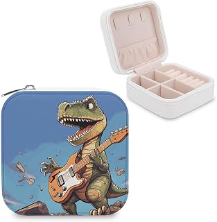 Dinosaur Playing Guitar Travel Jewelry Case Small Jewelry Organizer | Portable Travel Jewelry Box, PU Leather Compact Zipper Jewelry Organizer Case with Removable Dividers & Hooks for Women
