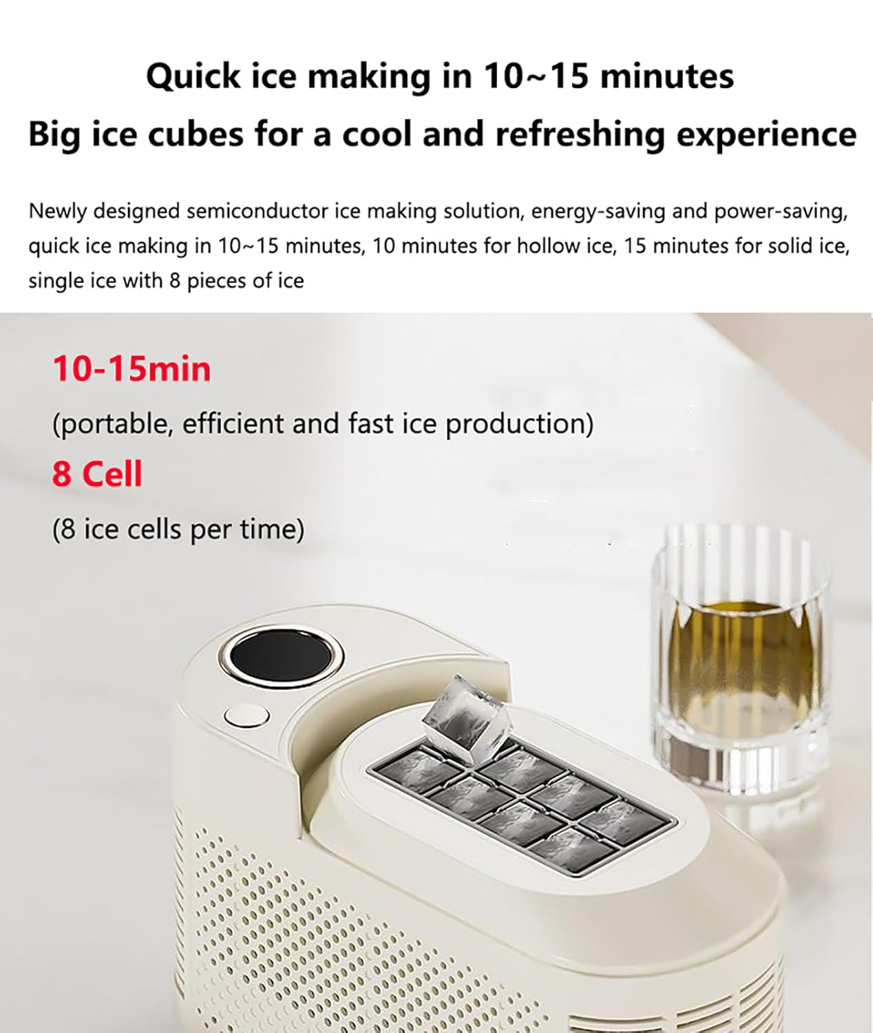 Portable Mini Ice Maker, Compact Countertop Ice Machine, Makes 8 Nugget Ice Cubes in 10 Minutes, Quiet Bullet Ice Maker with Car Adapter for Home, Office, Camping