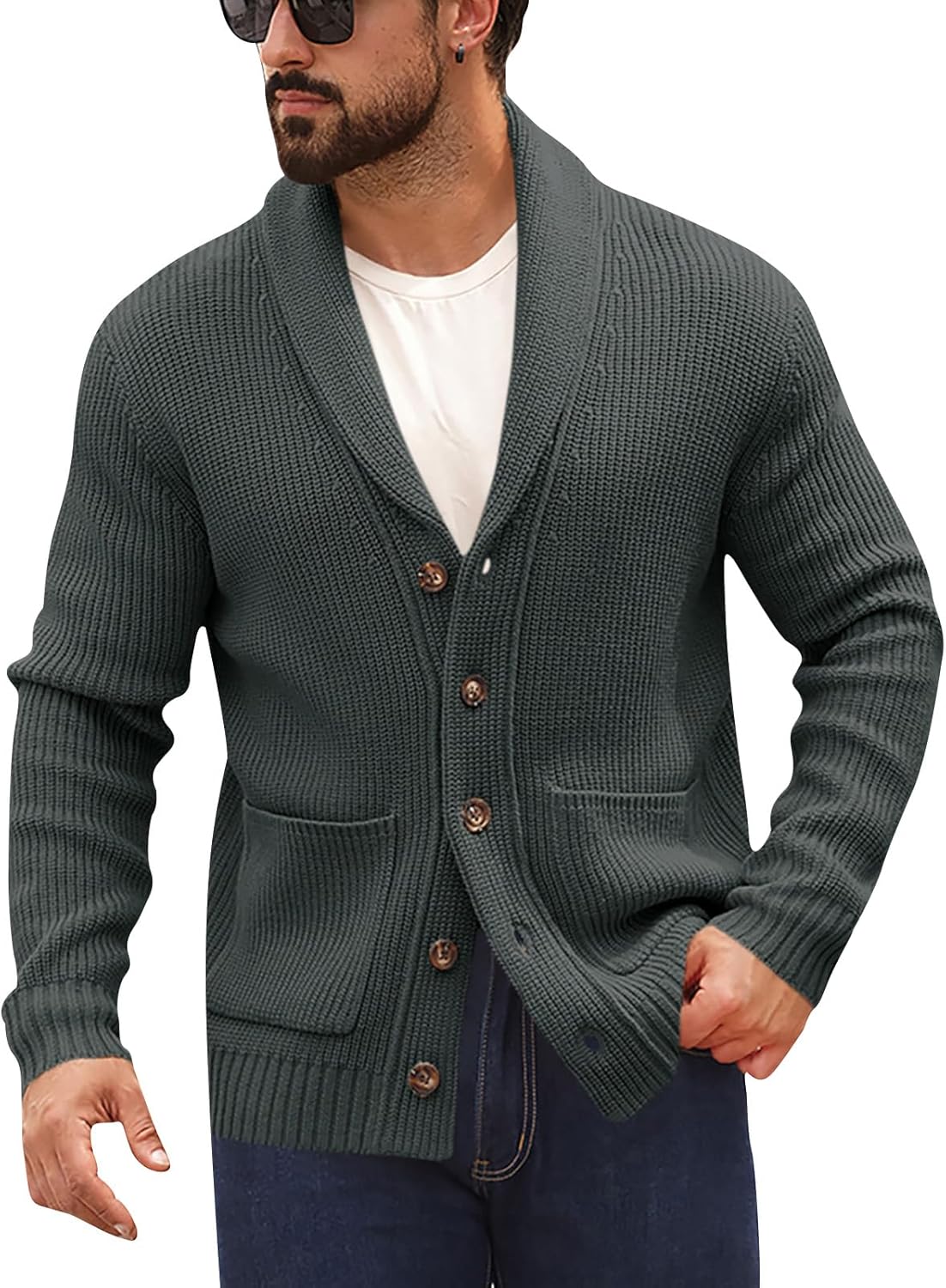 Runcati Mens Shawl Collar Cardigan Sweater Button Down Ribbed Knit Sweaters Chunky Casual Cardigan with Pockets