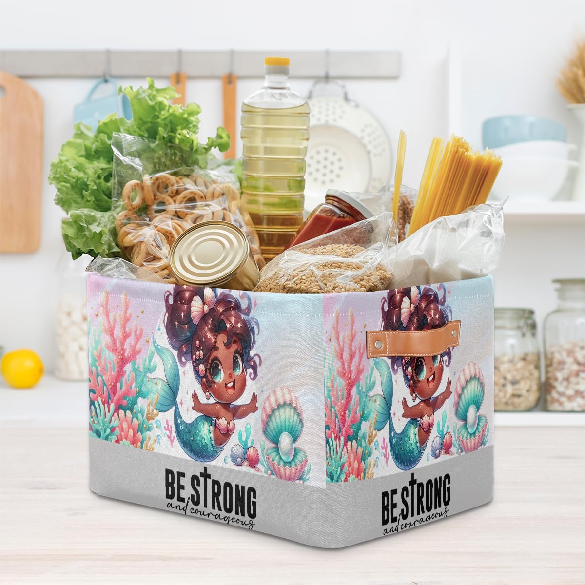 Small Storage Basket Cute Mermaid Girl With Handles Kids Toy Storage Bin Collapsible Fabric Cube Storage Organizer Hamper for Nursery Living Room Bedroom Shelves Clothes Toy Box Gifts Decorate