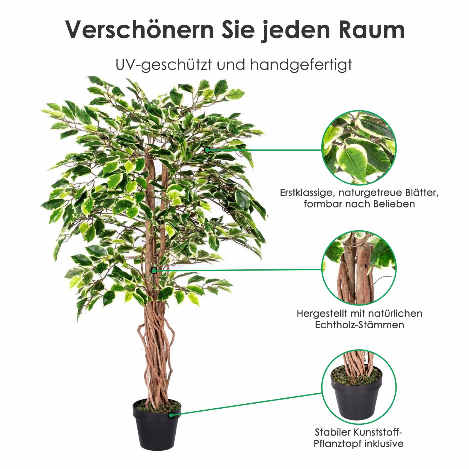 Amazon.de: HOMESCAPES Knstlicher Ficus benjamini gro, 120 cm groe  grn-weie Birkenfeige im Topf, realistische Bltter und Echtholz-Stamm   Kunstpflanzen wie echt