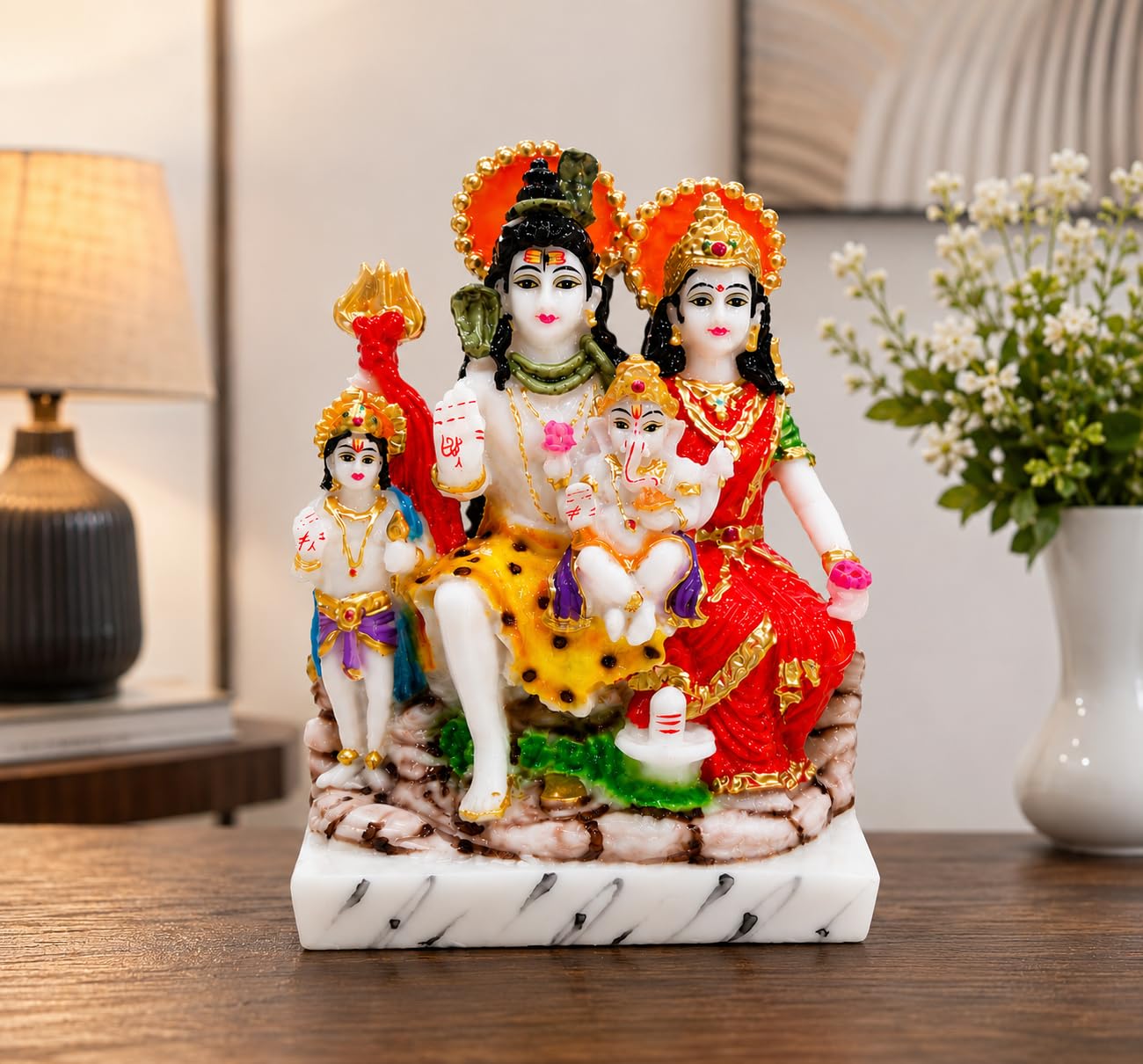 Shiv Parivar Marble Dust Idol, Multicolour with Gold Finish, Glossy, Washable, 9.5 Inches - Height, for Home & Temple-image-33