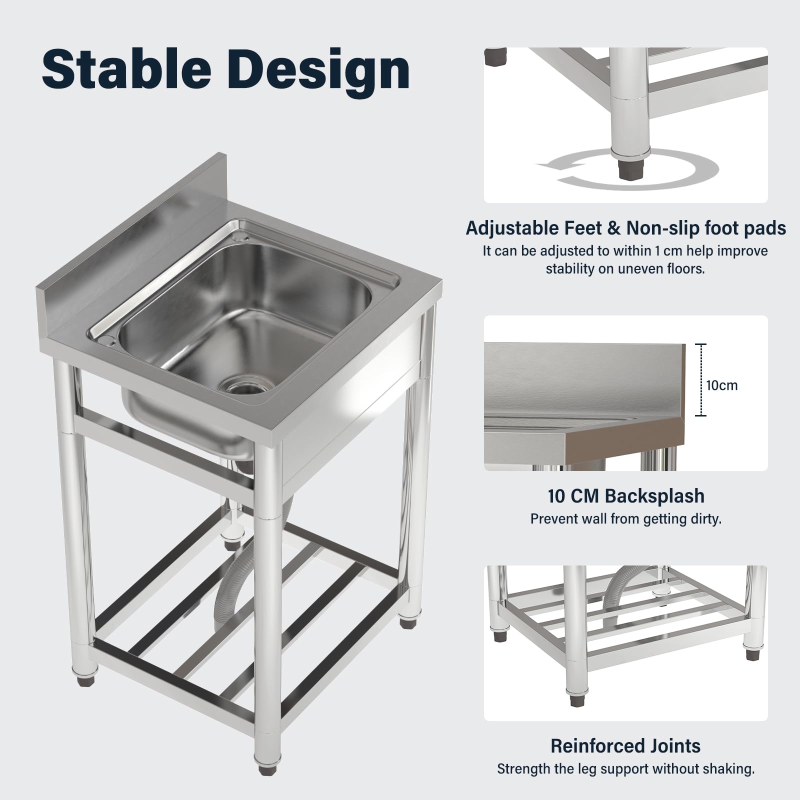 Lavello da cucina in acciaio inox, per ristorante, con scarico e ripiano portaoggetti, lavello per catering con foro per rubinetto, lavello da esterno autoportante per cucina (senza rubinetto)