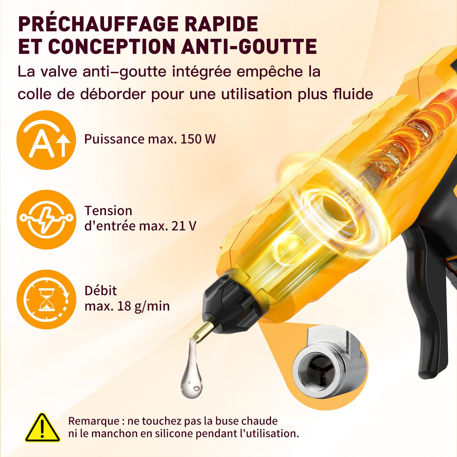 Pistolet Colle sans fil 21V - 150W Chauffage Rapide Pistolet Colle Chaude avec Batterie 2000mAh, Température Réglable 100-200 ℃, Buse Anti-Goutte, 20 Bâtons de Colle de 11mm pour Bricolage