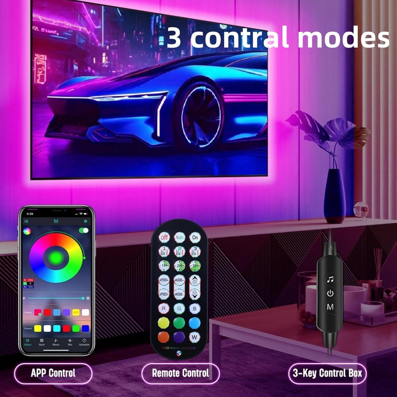 Tira de luz LED para TV Tira de luz LED 5V5050RGB Juego de 24 Teclas Tira de luz Colorida para Correr Música Inteligente Bluetooth TV Luz de Fondo LED Luz Ambiental de TV, 12 Luces, 300 cm