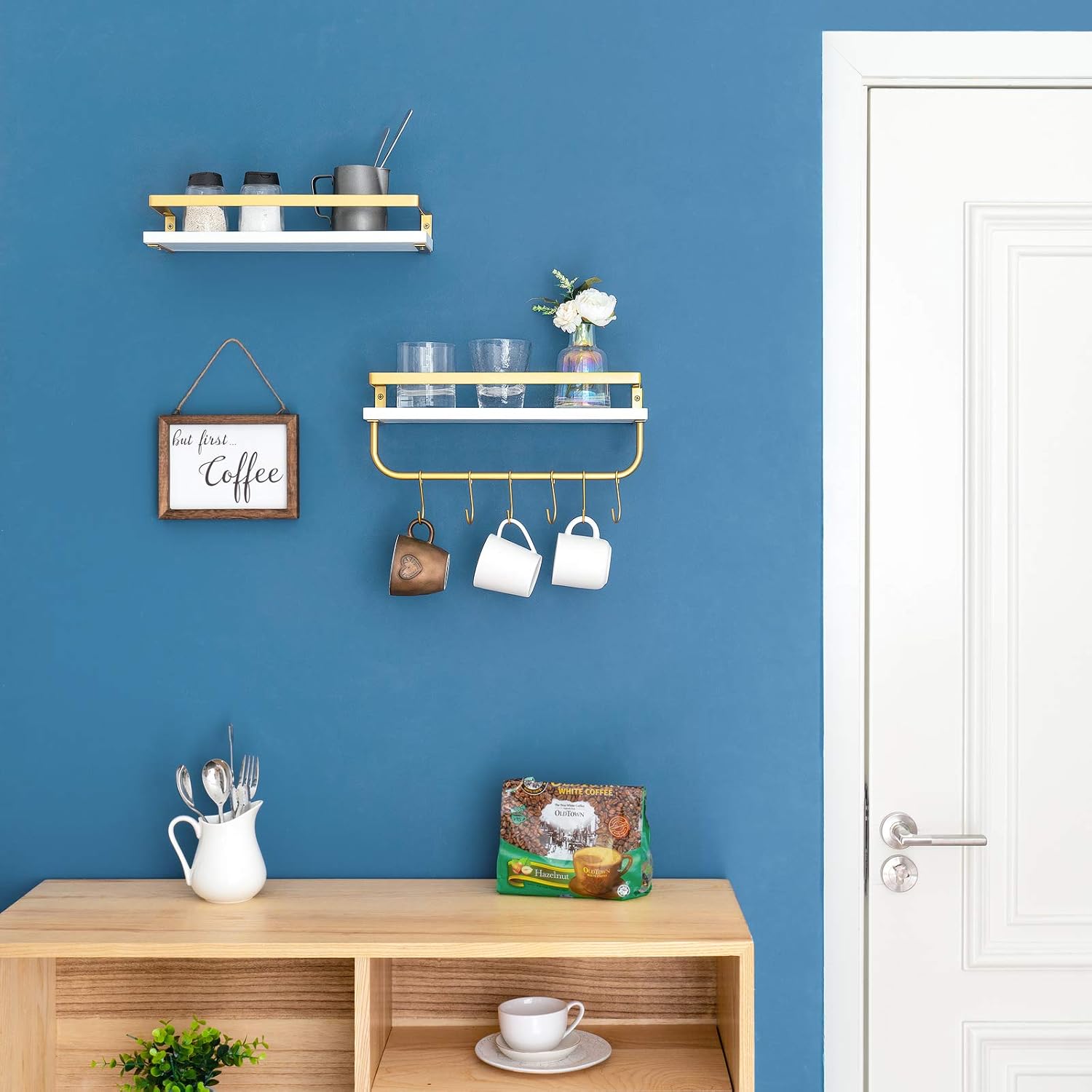Dahey Wall Mounted Floating Shelves Storage Shelf Modern Wood and Metal Spice Rack with Towel Bar and 8 Removable Hooks for Organize Utensils Mugs Carbonized or Plant Holder Kitchen Bathroom, 2 Pack