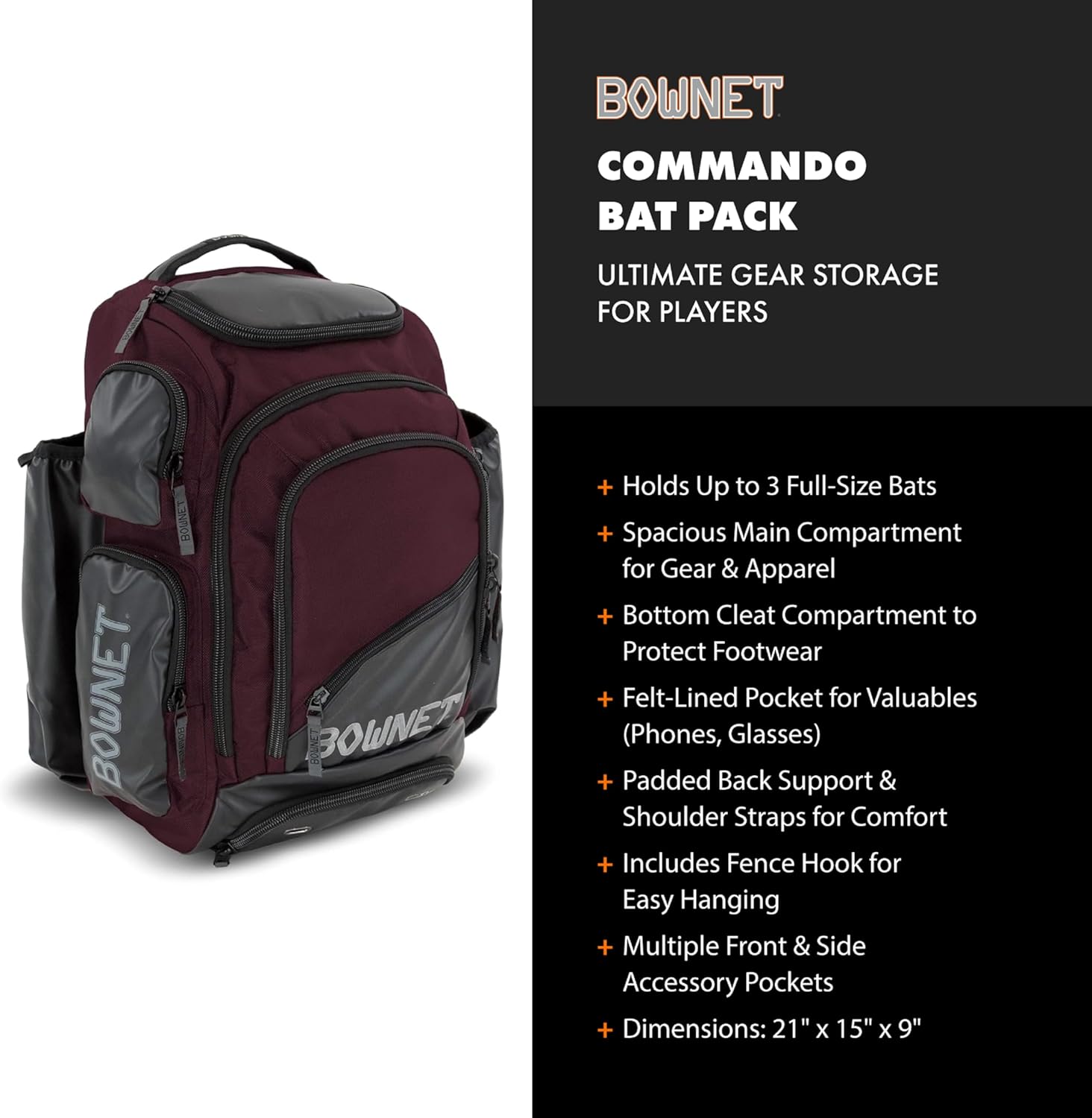 Bownet Commando Baseball Bat Backpack - Tactical Sports Bag for 3 Bats & Equipment Organizer for Baseball & Softball