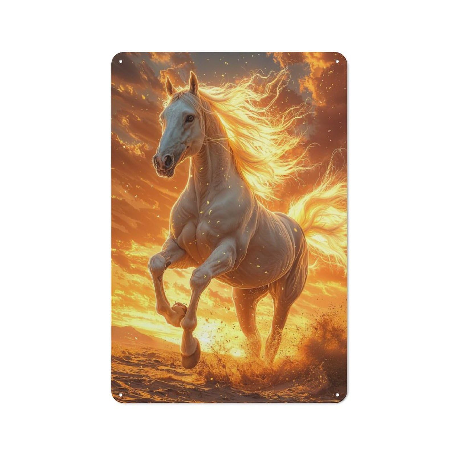 Junmoney Style-21 Tin Wall Plaque 30X20cm With White Horse At Sunset For Workshop Wall, With Clear Retro Wall Decor Character