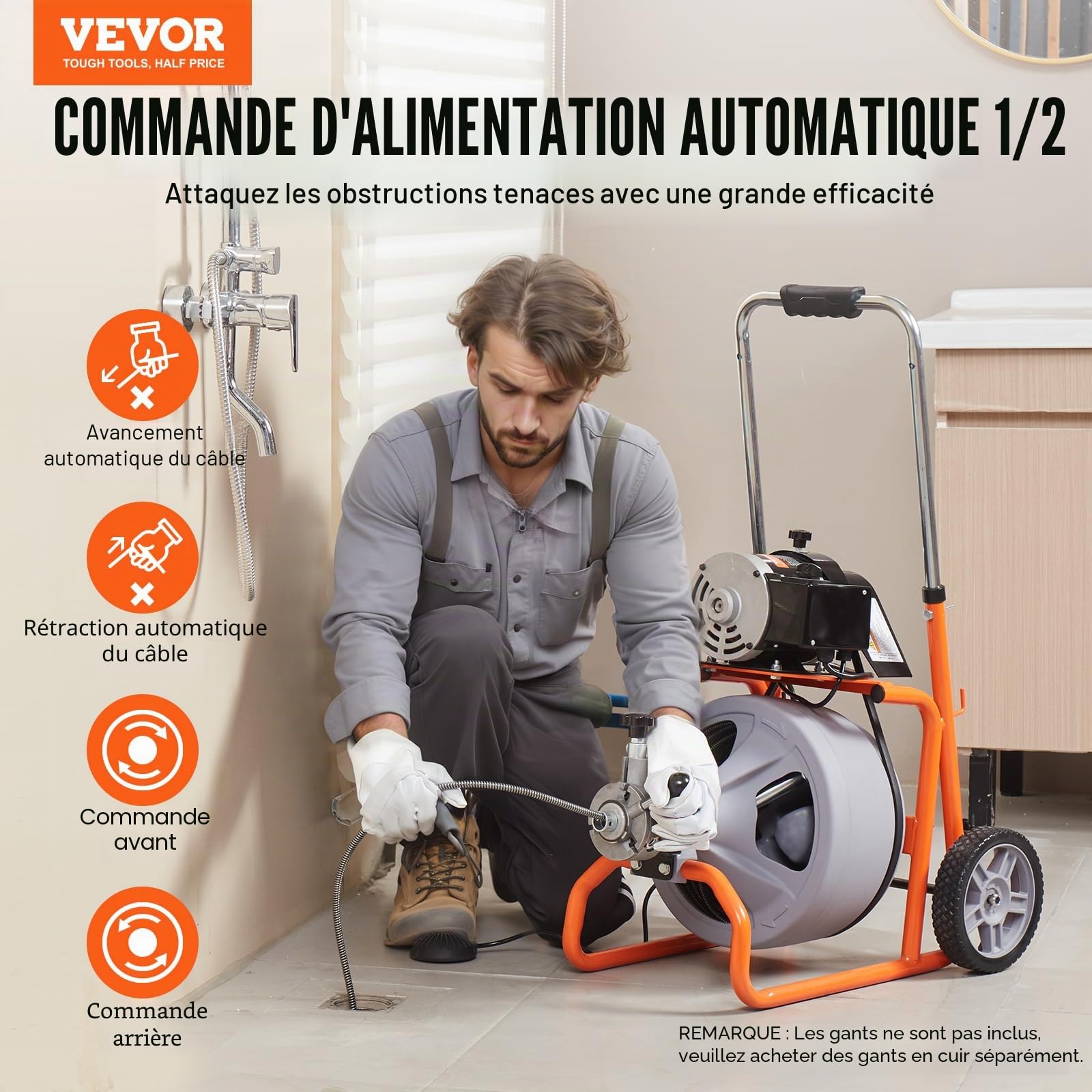 VEVOR Déboucheur Électrique de Canalisation 22,86 m x 0,95 cm Machine de Nettoyage Tuyaux sur Roues Alimentation Automatique Nettoyeur de Tubes, 8 Coupeurs, Commande à Pied par Air pour Tuyaux 5-10 cm