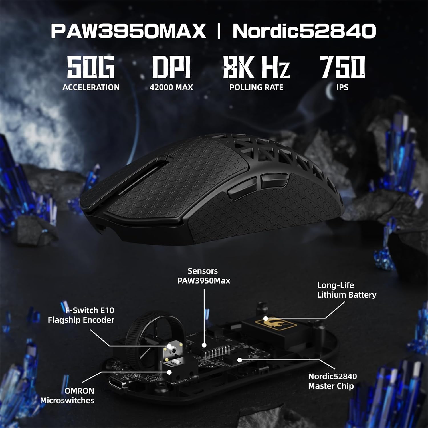M5 Ultra Carbon Fiber 8KHz Wireless Gaming Mouse,PAW3950 Sensor 42K DPI,39g Lightweight Tri-Mode 2.4GHz/BT/Wired Computer Mice,Web Driver Support,for Win/Mac/FPS/MOBA/Esports-Black(B)