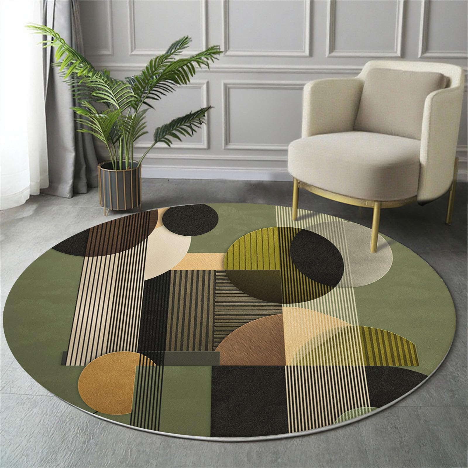 Round Rugs for Living Room 60cm, Simple Circular Lines Printed Washable Olive Green Circle Area Rugs, Non Slip Non Shedding Soft Low Pile Modern Geometric Style Round Carpet for Kitchen Dining Room