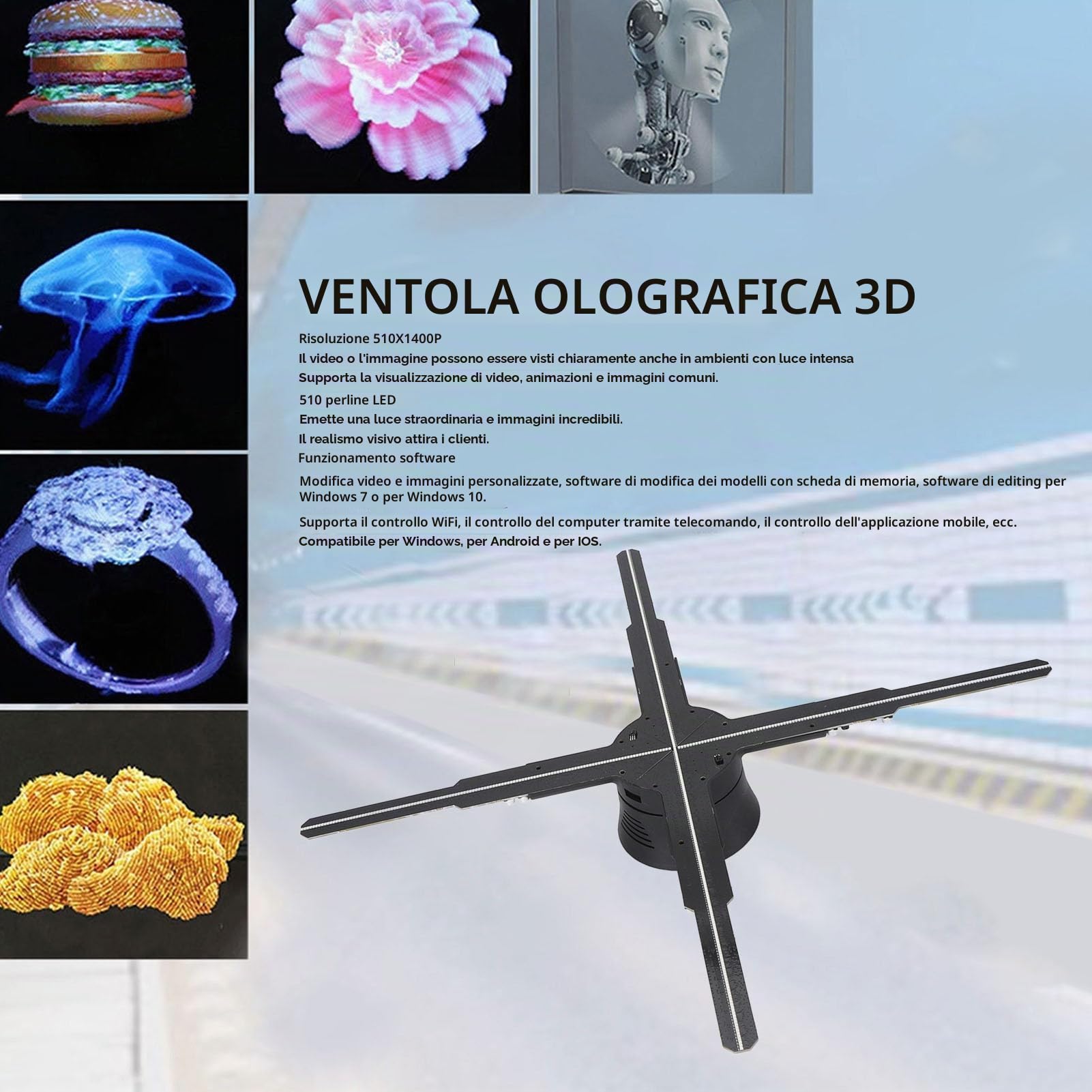 Proiettore Olografico 3D, Display Pubblicitario con Ventola Ologramma 3D da 45 Cm a 4 Lame Integrato da 8 GB, Supporto Proiettore Ologramma App WIFI per Insegne di Negozi (Spina
