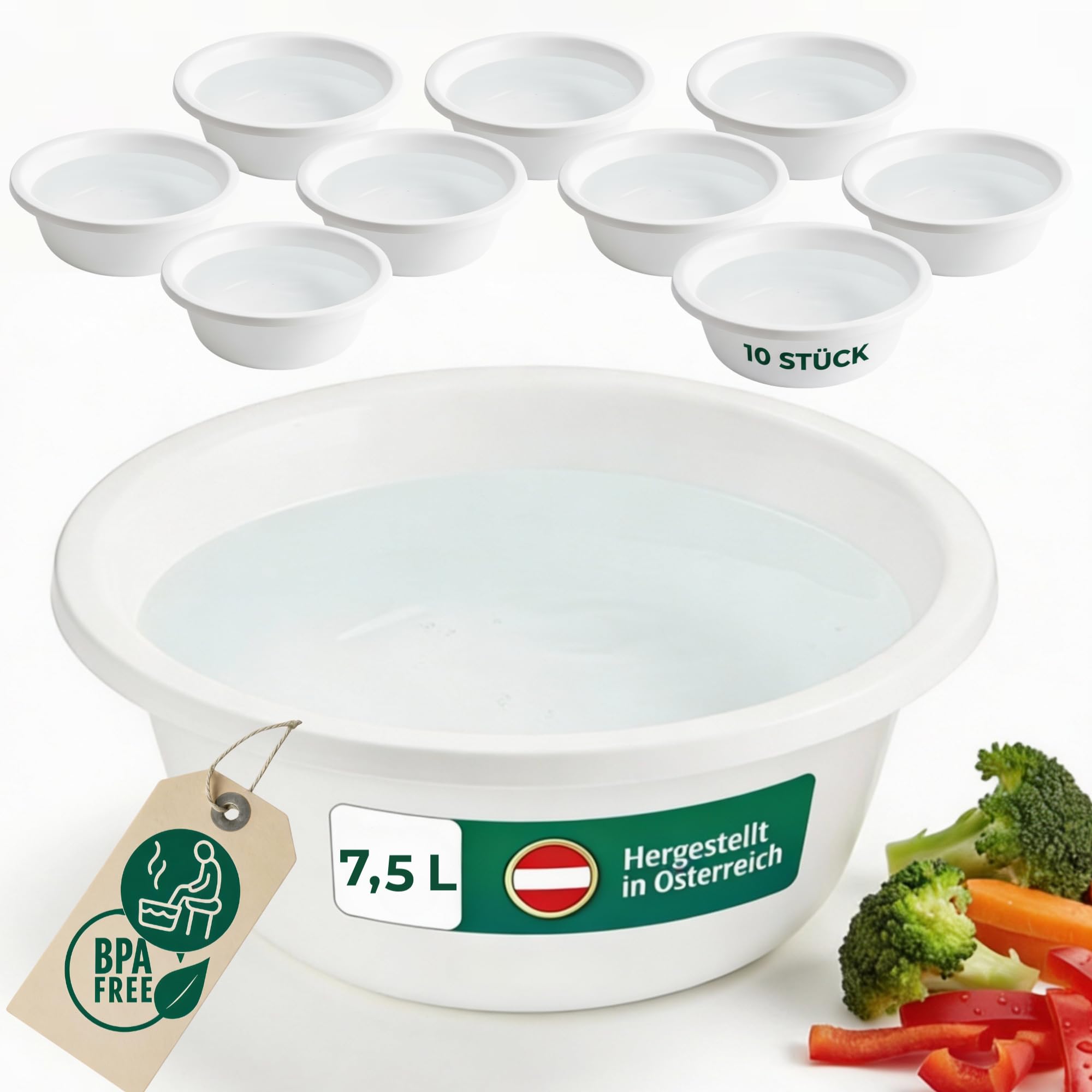 Novaliv Lot de 10 bols à vaisselle ronds 7,5 l, diamètre 36 cm, blanc, sans BPA et passent au lave-vaisselle ? Idéal pour la cuisine et le camping, bol rond, grand bol en plastique, bol à pâte