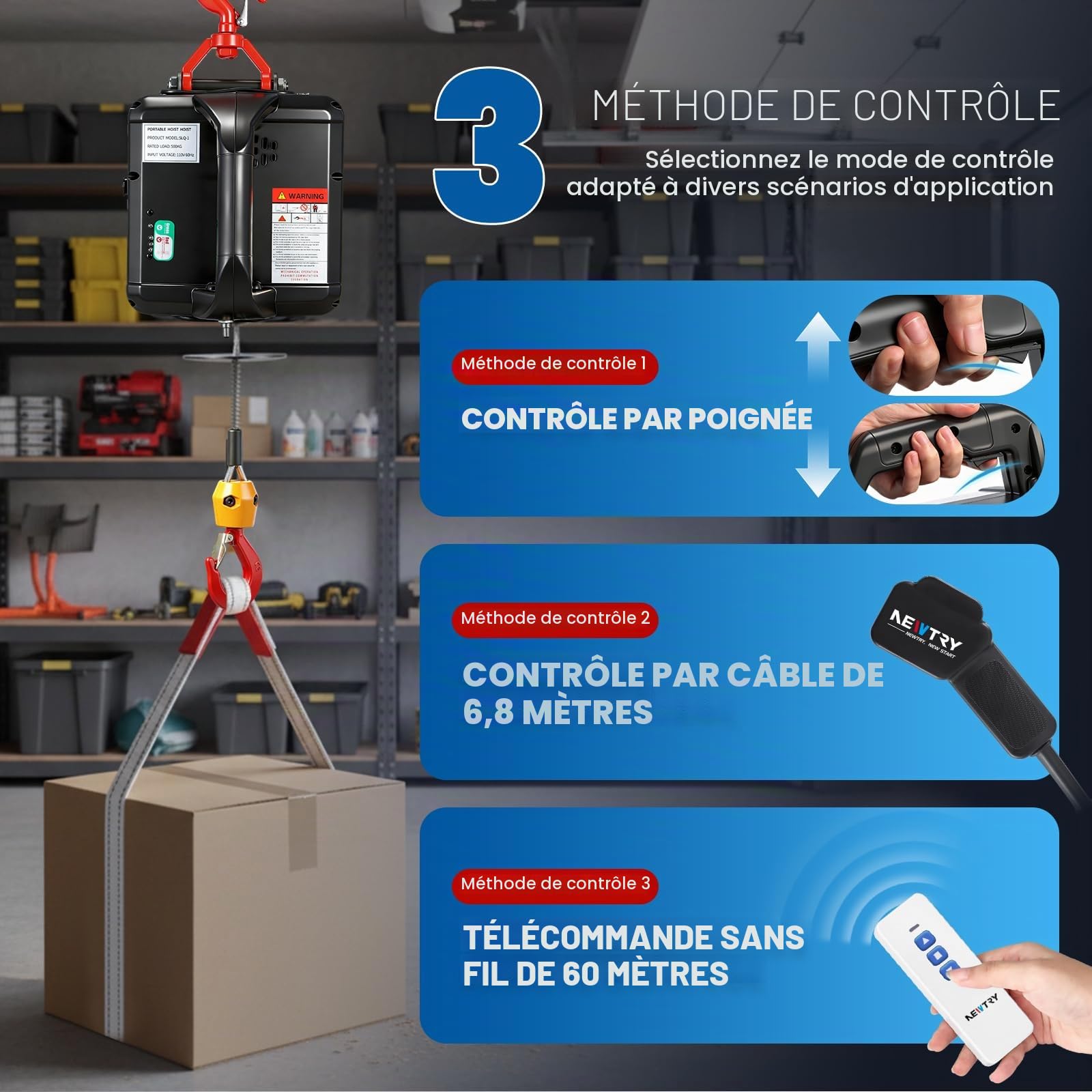 NEWTRY Palan électrique 3-en-1 avec Télécommande sans Fil, télécommande à câble,1 500 W Treuil électrique Système De Protection Contre Les Surcharges, Charge Maximale de 300 kg