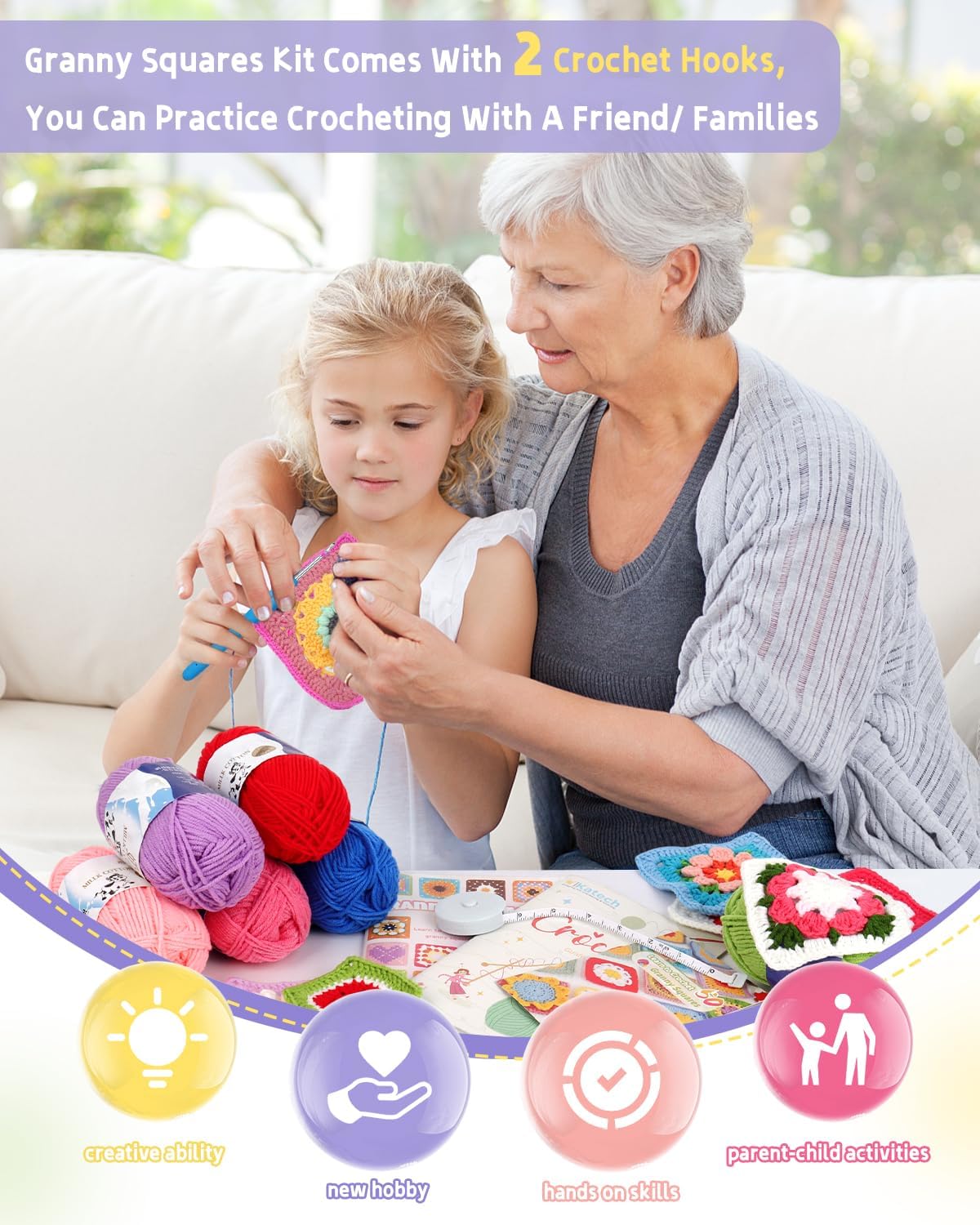 Katech Crochet Kit for Beginners, 50 Granny Squares Crochet Kits for Adults Beginner Learn to Crochets w/Step-by-Step Video Tuturials, Knitting Kit w/1378yds Yarn Granny Square Card Deck- 80% Cotton