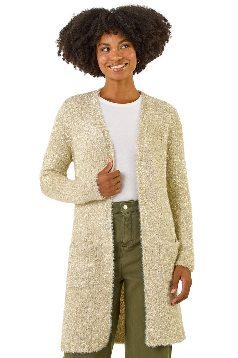 Roman Originals Metallic Longline Knit Cardigan for Women UK - Ladies Everyday Autumn Winter Comfy Soft Evening Vacation Work Party Night Out - Gold - Size 18