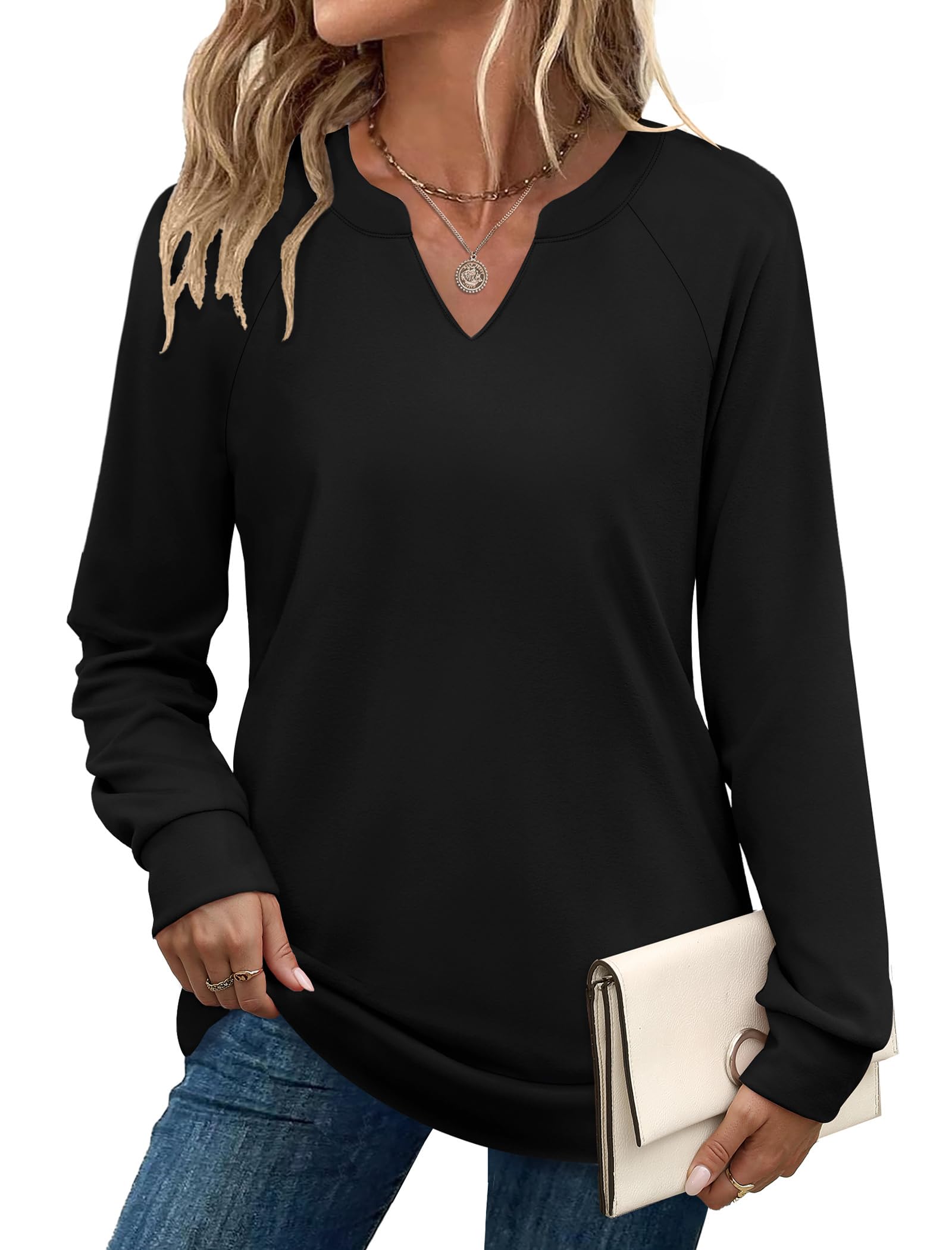 SAMPEEL Sweatshirts for Women V Neck Long Sleeve Shirts Lightweight Sweaters Fall Fashion Tops Outfits 2025